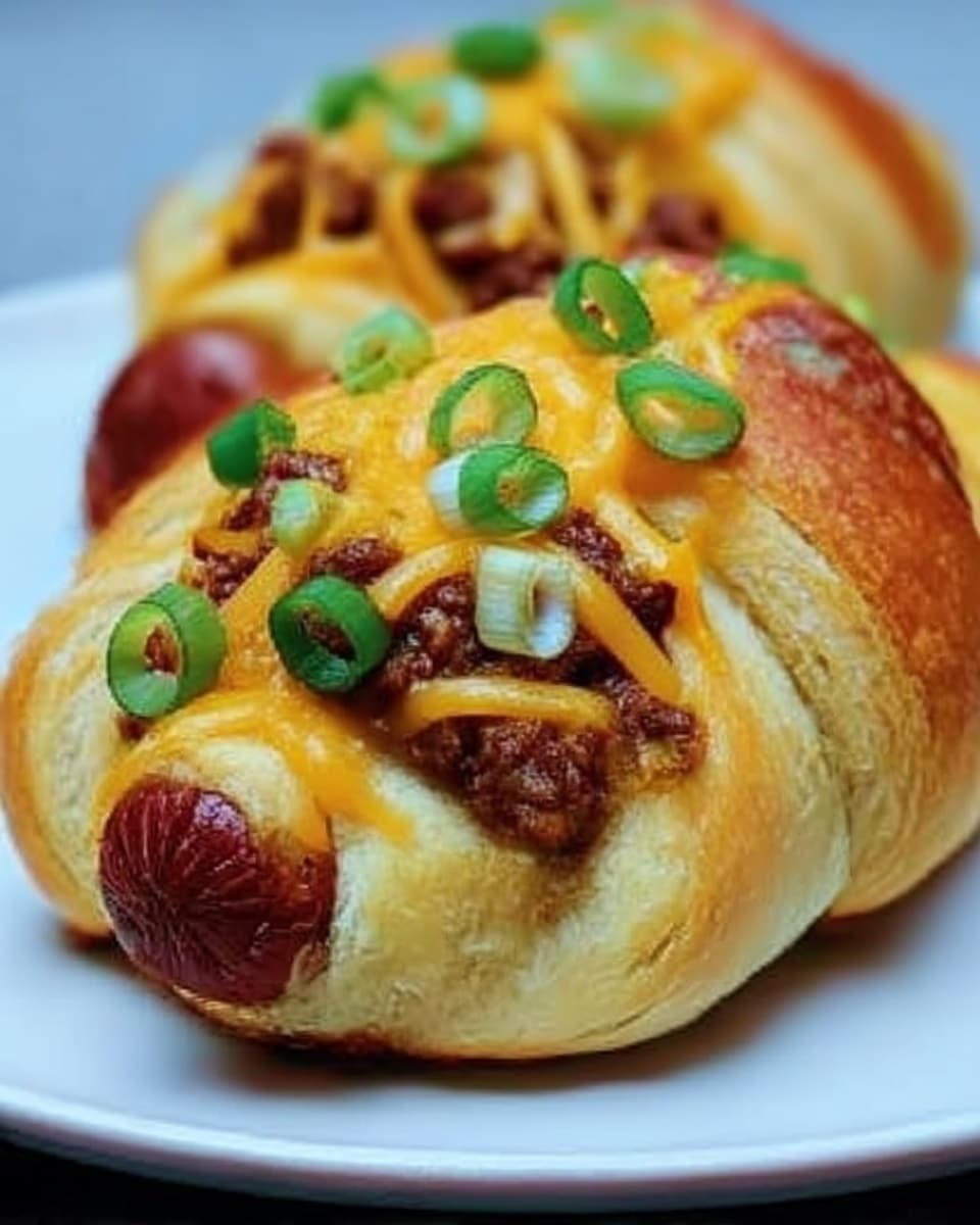 The image shows two soft, golden brown croissant-wrapped sausages on a white plate, each topped with a layer of cooked ground beef that is dark brown and crumbly, then sprinkled with melted orange cheddar cheese that looks slightly gooey. Freshly chopped green onions with a bright green color are scattered on top of the cheese, adding freshness and color contrast. The croissant dough is flaky with visible layers and lightly browned edges. The white plate sits on a white marbled surface. Photo taken with an iphone --ar 4:5 --v 7