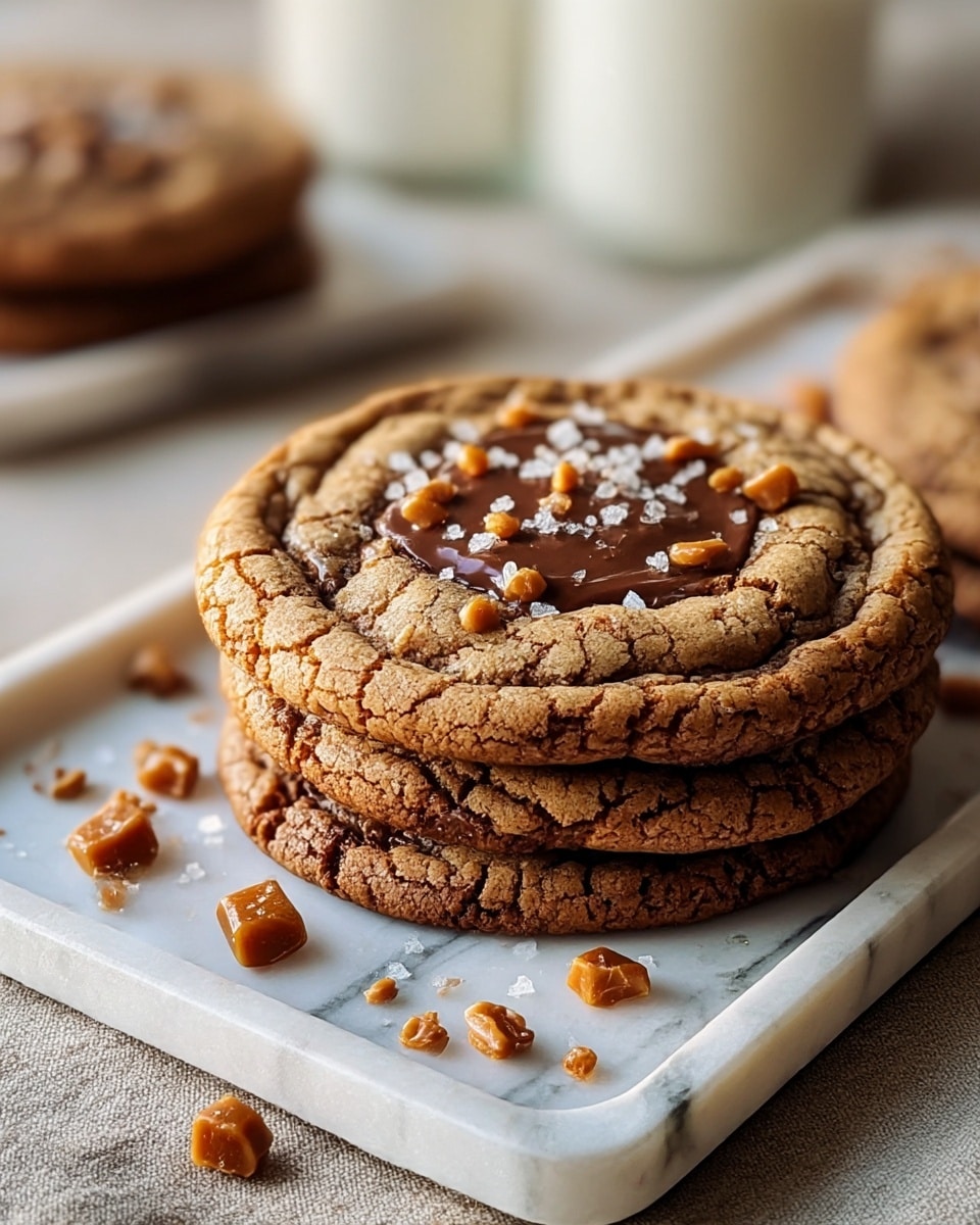 There are three golden brown cookies stacked on a white rectangular plate with a speckled pattern, each cookie showing a textured surface with cracks. The top cookie has a dark melted chocolate center sprinkled with coarse sea salt and small caramel bits. Some caramel bits are scattered around the cookies on the plate. The plate rests on a beige cloth, all set on a white marbled surface, and in the background, there are more blurred cookies. photo taken with an iphone --ar 4:5 --v 7