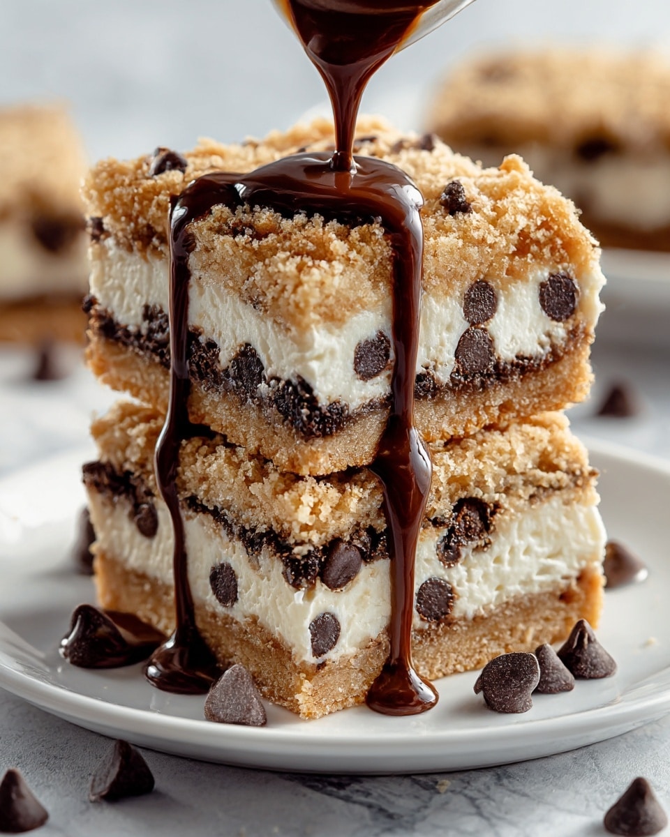 Two thick square dessert bars are stacked on a white plate, placed on a white marbled surface. Each bar has three visible layers: a crumbly golden-brown cookie crust at the bottom, a thick creamy white filling in the middle with scattered dark chocolate chips, and a crumbly golden-brown topping with more chocolate chips embedded in it. A rich, glossy chocolate sauce is being poured over the top bar, flowing down its side with some chocolate chips resting on the plate around the bars. The texture details of the crumbly top and cookie base contrast with the smooth cream center. Photo taken with an iphone --ar 4:5 --v 7