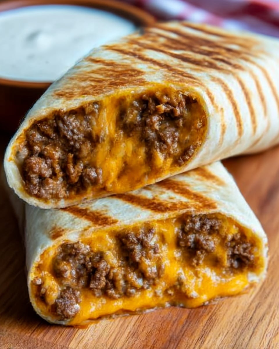 The image shows a close-up of a burrito cut in half, stacked one on top of the other with melted cheese and cooked ground beef inside. The outer wrap has clear grill marks, giving it a slightly toasted look with a light brown color. The inside layers show gooey, bright orange melted cheese mixed thickly with dark brown, crumbly beef. The burrito halves sit on a wooden surface with a small bowl of white sauce blurred in the background. The scene is bright and focuses on the texture of the meat and cheese inside the burrito. Photo taken with an iphone --ar 4:5 --v 7