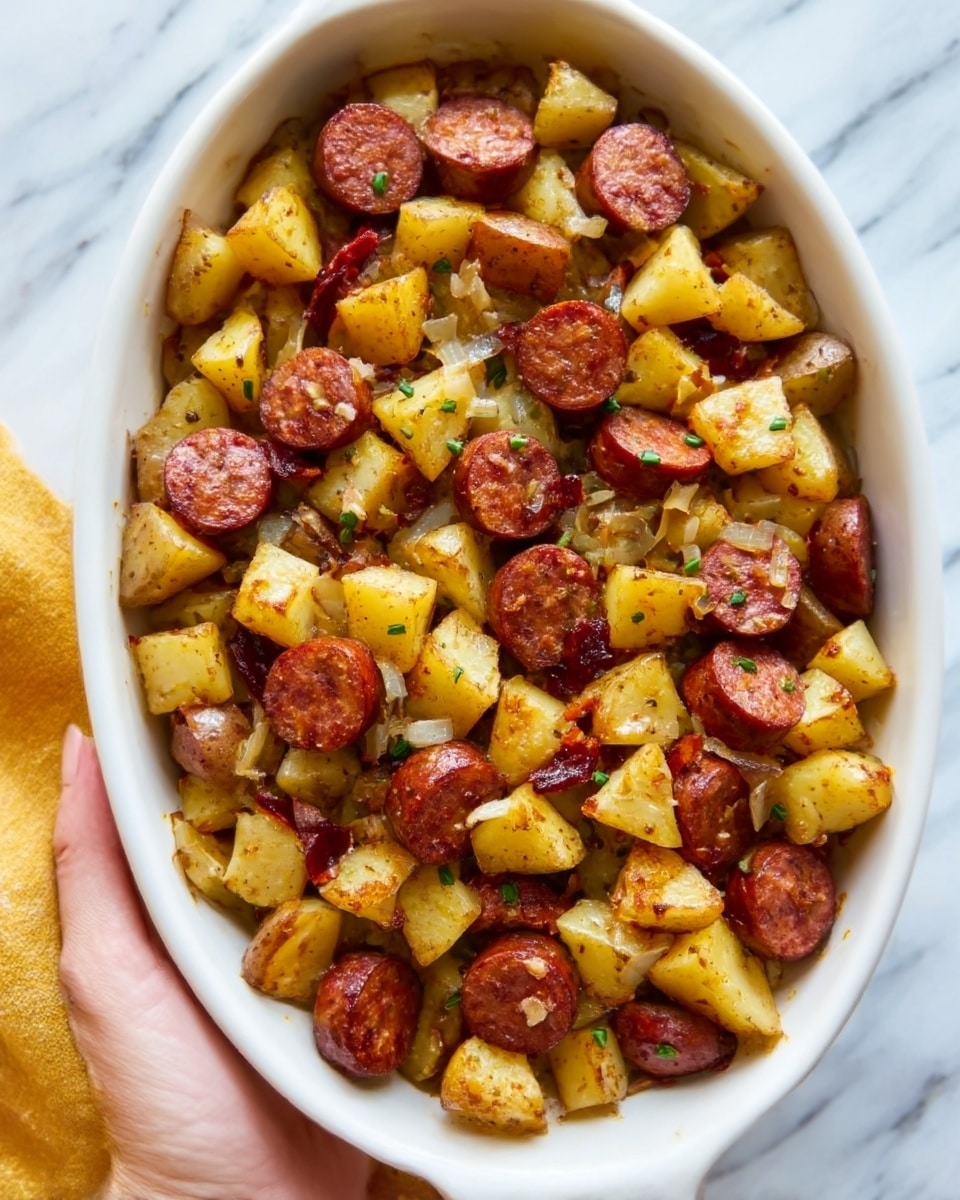 The image shows a white oval dish filled with a colorful mixture of cooked sliced sausage and cubed roasted potatoes. The sausage pieces are brownish-red with a slightly crispy texture, and the cubed potatoes are golden yellow with browned edges, creating a nice contrast. Small bits of green herbs are sprinkled on top, adding a touch of color and freshness to the dish. The dish sits on a white marbled surface, and a woman's hand is visible lightly holding the edge of the dish. Photo taken with an iphone --ar 4:5 --v 7