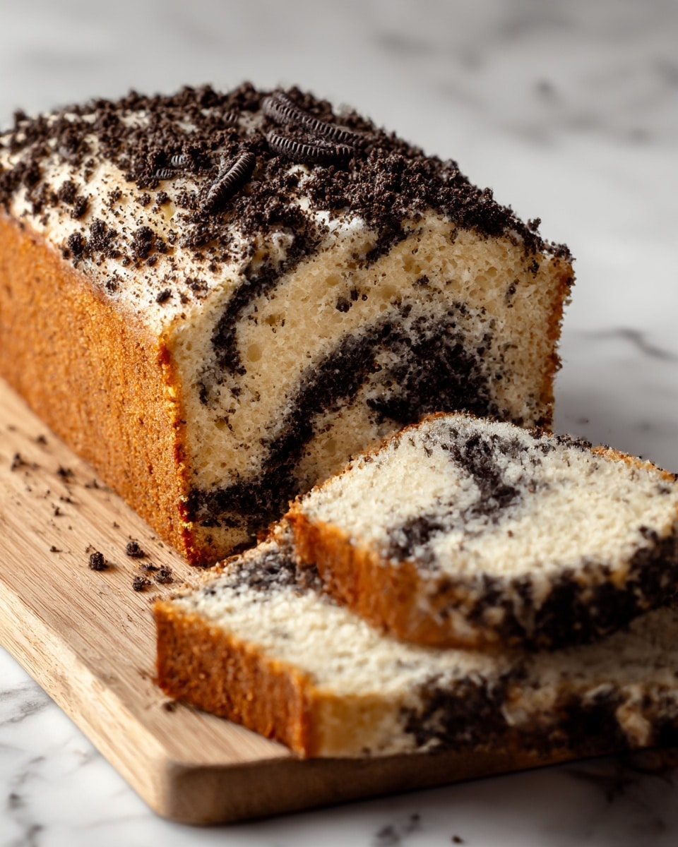 A loaf cake with a light golden brown crust and a soft, creamy beige inside, speckled with dark brown cookie crumbs throughout in a marbled pattern; the top is sprinkled thickly with crushed dark cookie pieces, adding a rough texture and rich contrast. Two slices lie in front of the loaf, showing the dense texture and swirling black and white crumbs within the cake. The loaf rests on a wooden board placed on a white marbled surface. Photo taken with an iphone --ar 4:5 --v 7