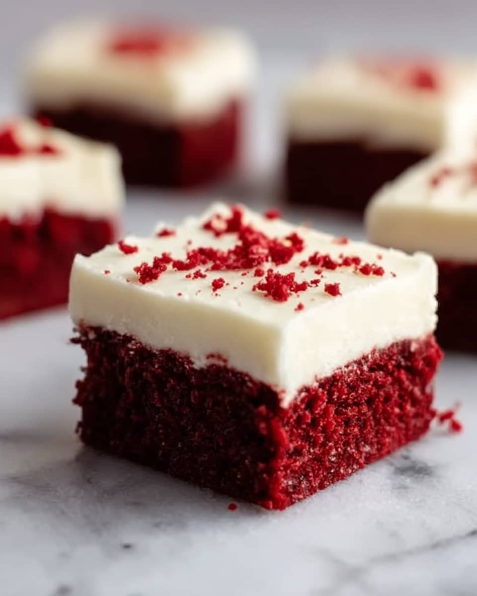The image shows a close-up of a square piece of red velvet cake with two layers. The bottom layer is thick and deep red with a soft, moist texture, while the top layer is a smooth, creamy white frosting spread evenly across the top. Small crumbs of red velvet cake are sprinkled lightly on the frosting. The background is a white marbled surface, giving a clean and simple look to the photo taken with an iphone --ar 4:5 --v 7