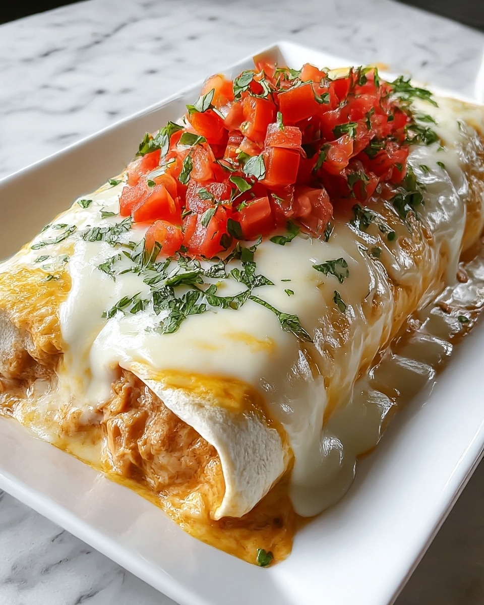 A large burrito sits in a white rectangular dish on a white marbled texture. The burrito has a soft, light brown tortilla as the base layer, filled with a mix of cooked chicken and sauce visible at the edges. Melted white cheese covers the entire top of the burrito, dripping down the sides in gooey strings. On top of the cheese, there is a layer of finely chopped fresh red tomatoes scattered across the center. Green chopped cilantro is sprinkled over the cheese and tomatoes, adding a slight contrast in color. The dish looks warm and cheesy with fresh, bright toppings. photo taken with an iphone --ar 4:5 --v 7
