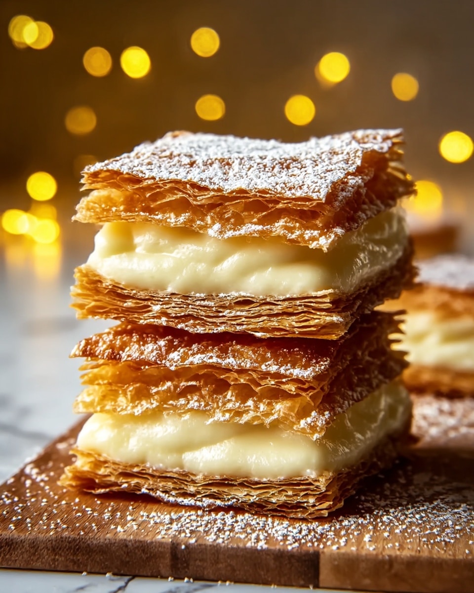 A close-up image showing a stack of three mille-feuille pieces placed on a wooden surface with a white marbled background. Each piece has three layers of golden-brown, crispy, flaky puff pastry with a textured, crunchy look, sandwiched by two thick layers of smooth, creamy pale yellow custard filling. The top puff pastry is dusted lightly with powdered sugar, and there is some powdered sugar scattered around the base on the wooden surface. Warm yellow fairy lights blur softly in the background, creating a cozy atmosphere. Photo taken with an iphone --ar 4:5 --v 7