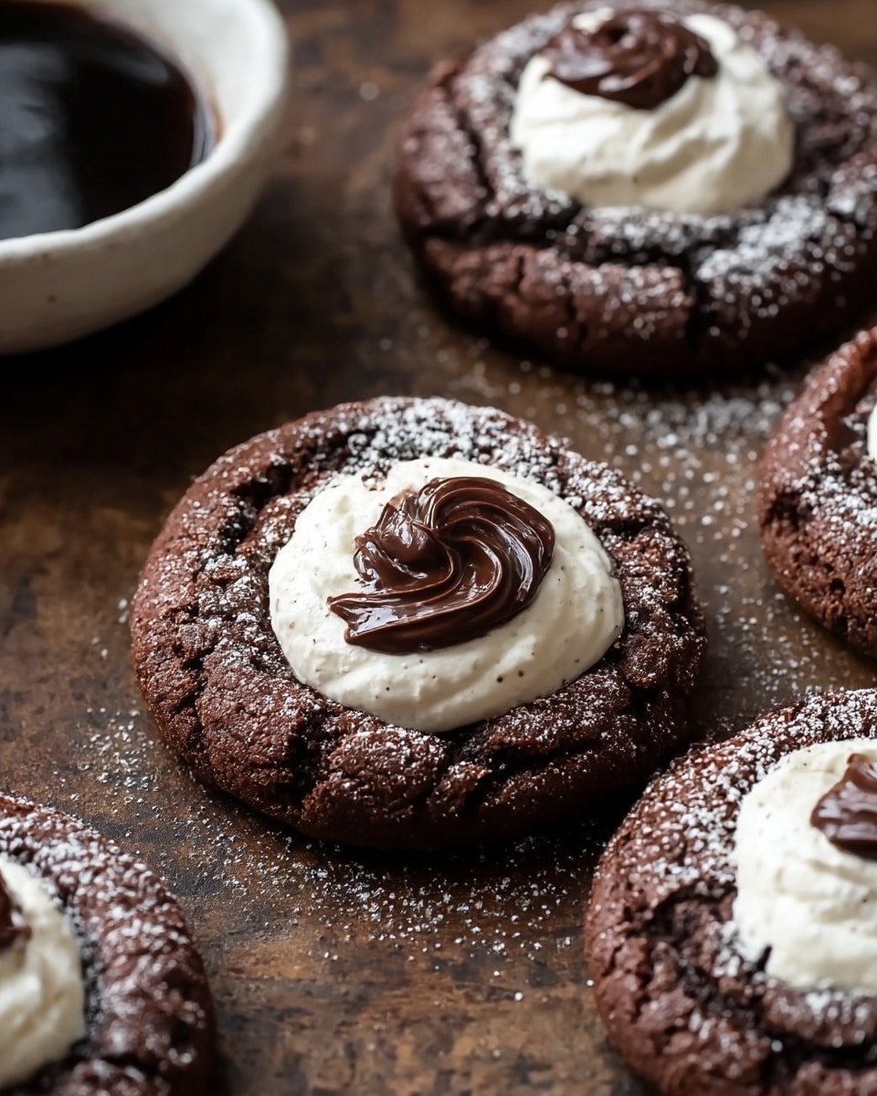 The image shows four round chocolate cookies with a dark brown color and a textured, cracked surface. Each cookie has a single dollop of white, creamy frosting in the center, topped with a swirl of melted dark chocolate and a light dusting of powdered sugar. The cookies are placed on a rustic, dark brown wooden surface, with a white bowl containing a dark liquid partially visible in the upper left corner. The close-up view highlights the rich, soft texture of the frosting against the firm cookie base. photo taken with an iphone --ar 4:5 --v 7