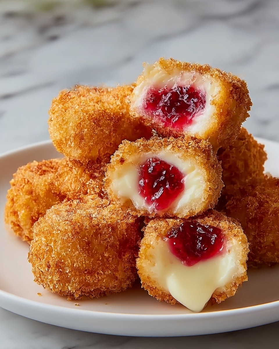 The image shows a white plate with six round fried treats, each with a crispy golden-brown breadcrumb outer layer. Inside, the creamy, smooth white filling contrasts with a bright red, jam-like center, visible in two of the pieces that are cut open to show the layers. The fried treats are stacked casually in the middle of the plate, set on a white marbled surface. photo taken with an iphone --ar 4:5 --v 7