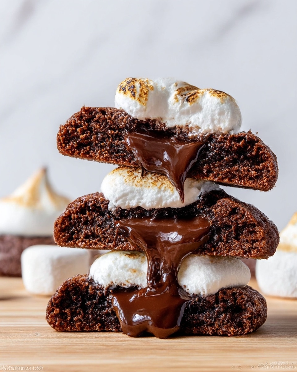The image shows three stacked chocolate cookies with a gooey, dark chocolate center oozing out from the middle of each cookie. Each cookie layer is thick and dense with a rich brown, slightly crumbly texture on the outside, contrasting with the smooth, shiny melted chocolate center. On top of the stack, there is a dollop of toasted white marshmallow cream with light brown peaks and edges, adding a fluffy texture. Behind the stack, there are similar marshmallow dollops resting on white cookie bases. The entire scene is set on a light wooden surface against a plain white marbled texture background. photo taken with an iphone --ar 4:5 --v 7