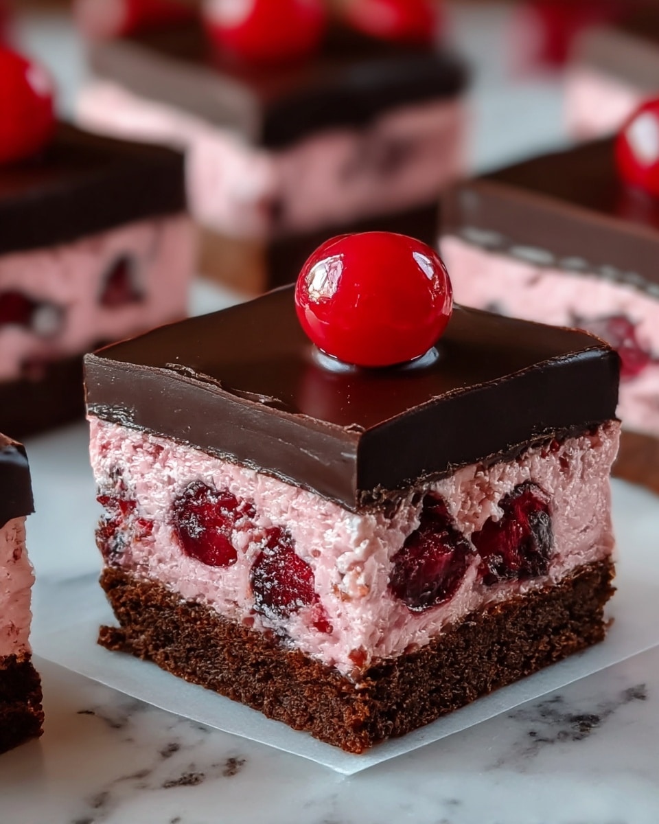 A square chocolate dessert with three clear layers is shown, placed on a white marbled surface. The bottom layer is dense and dark brown, the middle layer is thick and pink with pieces of red cherries inside, and the top layer is a smooth, shiny dark chocolate coating. On the top center of the square dessert rests a bright, glossy red cherry. In the background, more pieces of the same dessert are slightly blurred but visible. photo taken with an iphone --ar 4:5 --v 7