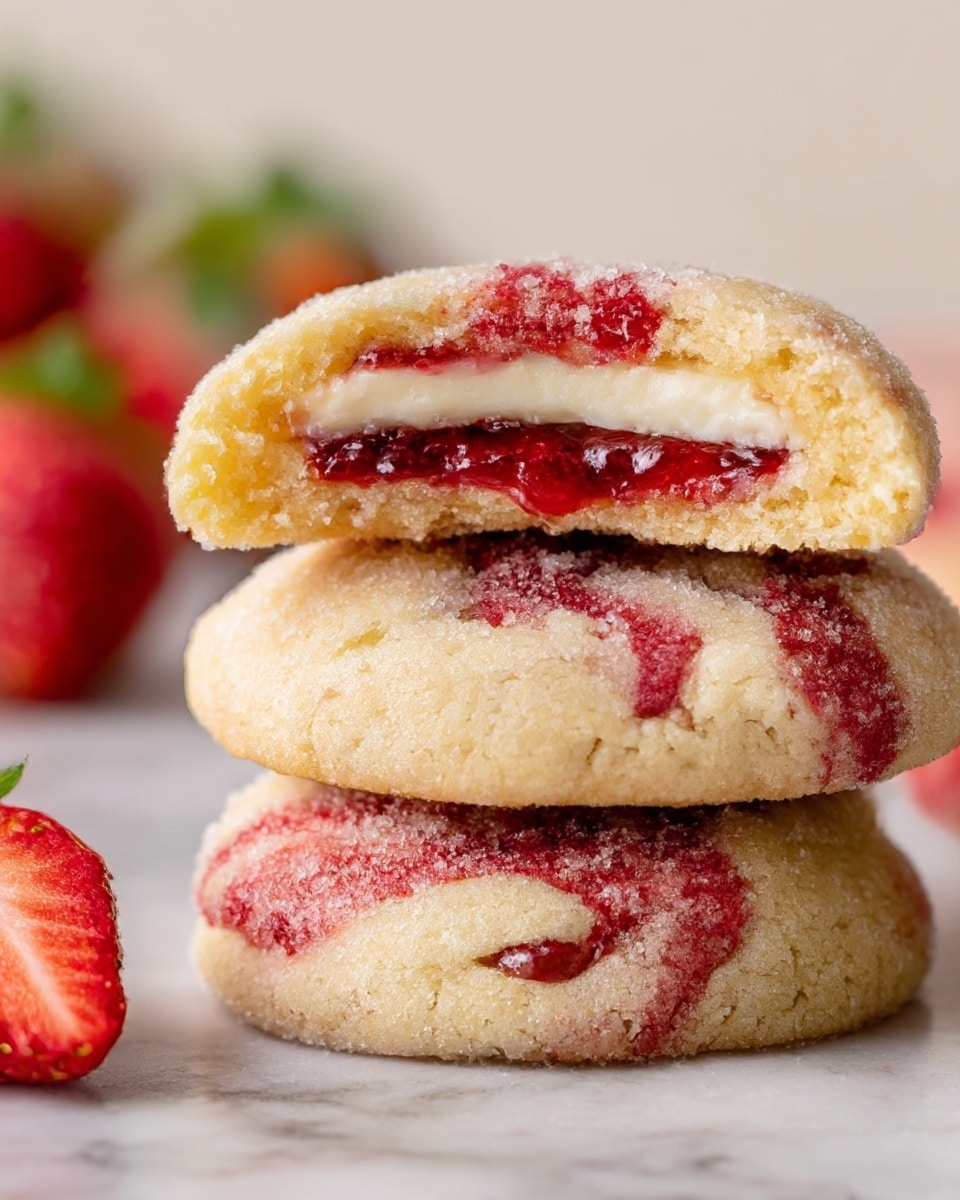 A close-up of a stack of three soft cookies with a white sugar coating and red swirls of strawberry throughout the dough. The top two cookies are broken open, showing two layers inside: a creamy white filling sandwiched between the golden cookie dough and a layer of bright, red strawberry jam. The entire stack rests on a white marbled surface with out-of-focus strawberries in the background. photo taken with an iphone --ar 4:5 --v 7