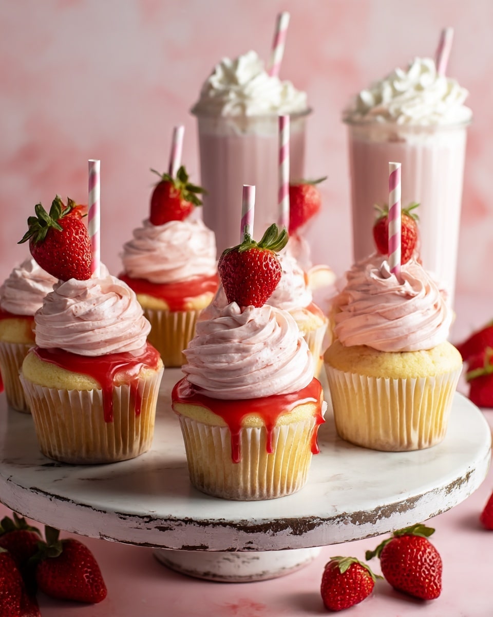 A group of seven cupcakes sits on a white cake stand with a worn look, arranged in a circle with one in the center. Each cupcake has three visible layers: a golden-yellow cake base in a light beige paper liner, a shiny red glaze dripping slightly over the upper cake edge, and a tall swirl of light pink frosting on top. Each frosting swirl is smooth and creamy with subtle specks, decorated with a half strawberry standing upright and a pink-and-white striped paper straw inserted behind the strawberry. The background includes three tall, clear glasses filled with pale pink milkshake topped with white whipped cream, and a few whole fresh strawberries scattered on a soft pink surface with a white marbled texture. Photo taken with an iphone --ar 4:5 --v 7