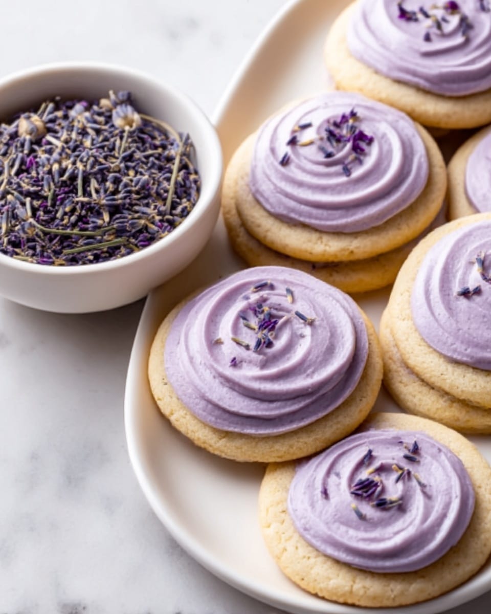 A group of round sugar cookies arranged on a white oval plate, each topped with one thick layer of light purple frosting that is smooth and swirled gently in a circular pattern, with tiny purple flower petals sprinkled in the center of each. The cookies have a light golden-brown color with a slightly rough texture around the edges. Next to the plate is a small white bowl filled with dried purple flowers, all set on a white marbled surface. photo taken with an iphone --ar 4:5 --v 7