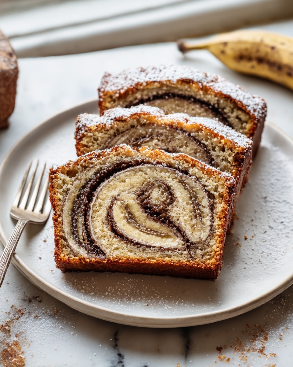 Three slices of cinnamon swirl banana bread are arranged side by side on a white plate, each slice showing clear layers: a golden brown crust, soft light beige bread, and a dark brown cinnamon spiral encasing a whole banana in the center of each slice. The top is dusted lightly with powdered sugar. A fork with a piece of bread is resting on the plate next to the slices. The plate sits on a white marbled surface with scattered crumbs and powdered sugar. The background is softly blurred, suggesting a bright window. Photo taken with an iphone --ar 4:5 --v 7