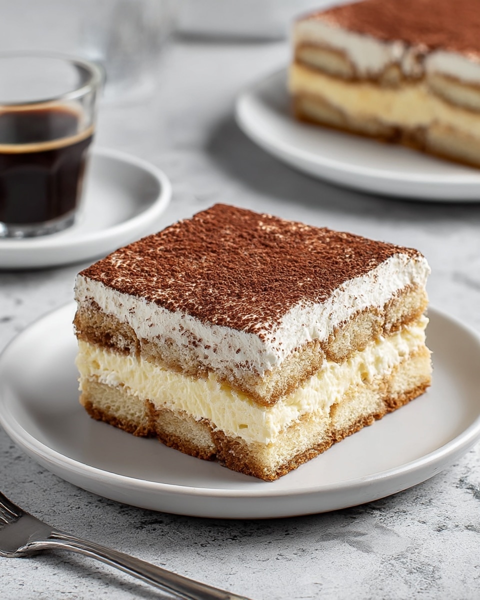 A square slice of tiramisu is placed on a white plate with three visible layers: the bottom layer is light brown soaked ladyfinger biscuits with a soft texture, the middle layer is a creamy pale yellow mascarpone mixture, and the top layer is thick white cream dusted evenly with dark brown cocoa powder. In the blurred background, a white plate with more tiramisu and a small glass cup of black coffee sit on a white marbled surface. A silver fork lays near the front edge of the plate. photo taken with an iphone --ar 4:5 --v 7
