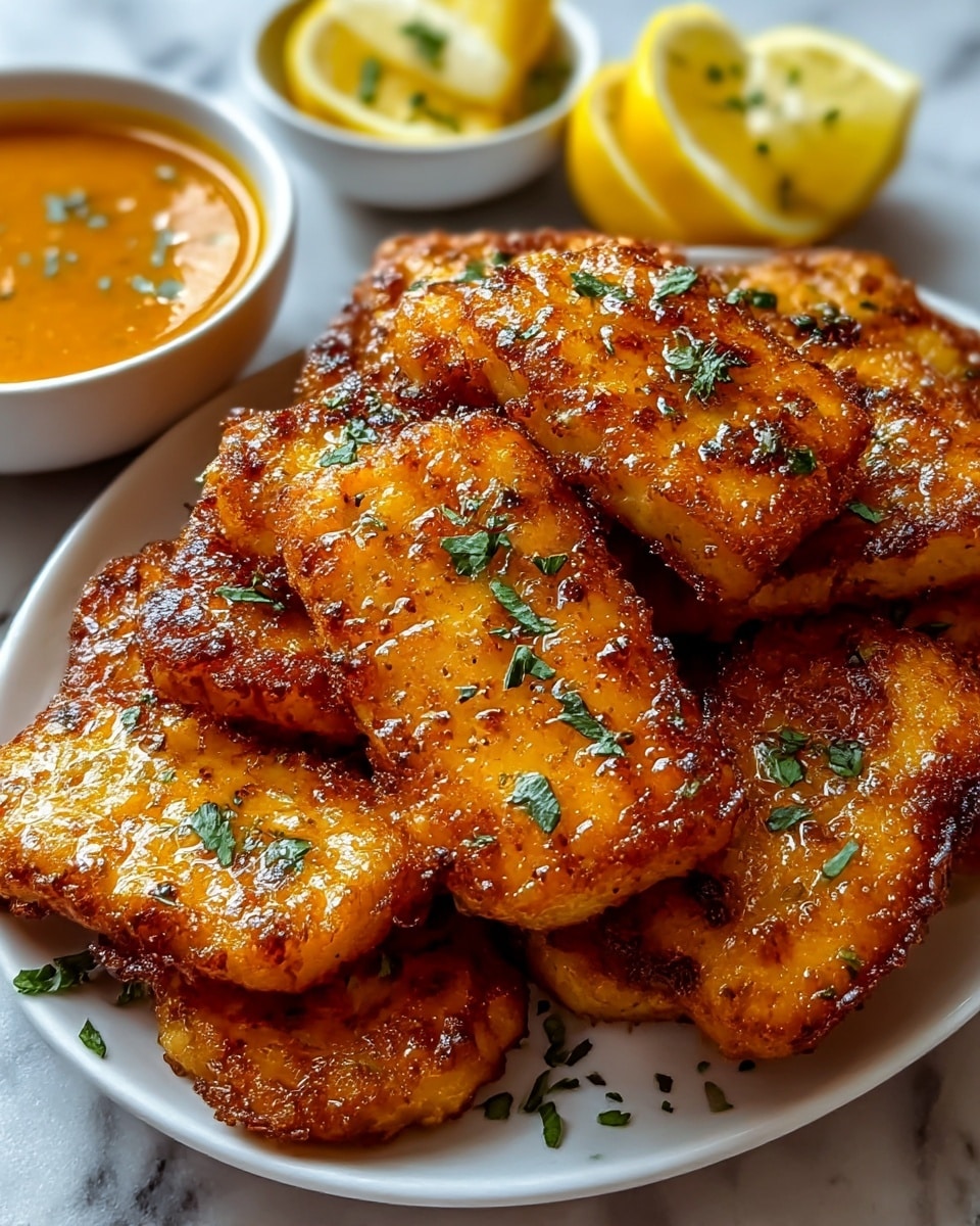 The image shows a plate full of golden brown, crispy fried chicken pieces, each glistening with a light layer of sauce and sprinkled with small bits of green herbs on top. The chicken pieces are stacked closely together, all showing a crunchy texture with some darker brown edges. Behind the chicken on the white plate, there are two small white bowls, one filled with a thick red-orange dipping sauce garnished with herbs, and the other holding a few bright yellow lemon slices. The plate rests on a white marbled textured surface with some scattered bits of herbs around it, creating a fresh and inviting look. photo taken with an iphone --ar 4:5 --v 7