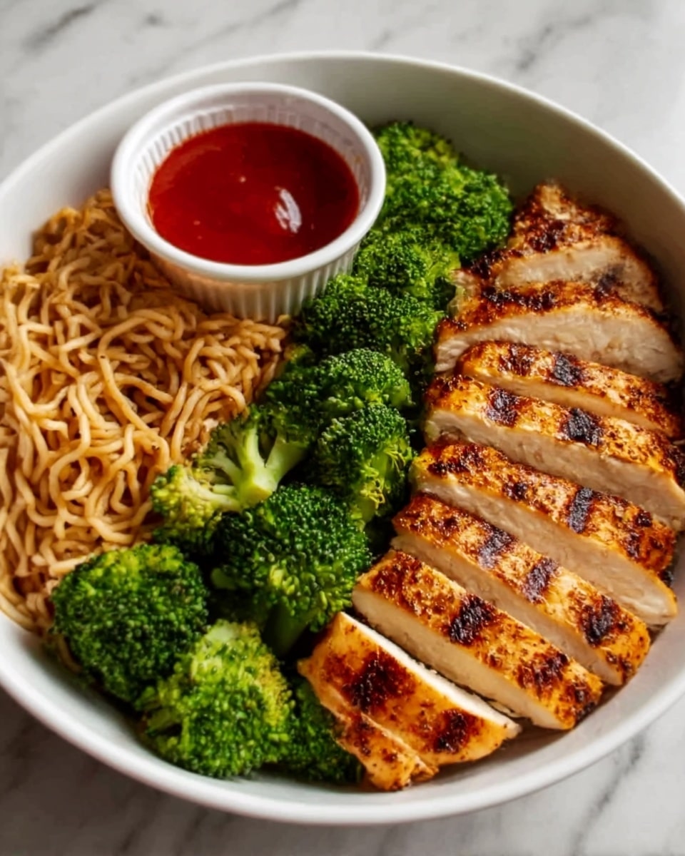 A white bowl filled with three main sections: on the right side, there are six pieces of grilled chicken breast with a browned, slightly charred surface and visible seasoning; in the top left, bright green broccoli florets are grouped closely together; and in the bottom left, a serving of light brown noodles with a soft texture fills the space. At the top center of the bowl, a small white cup holds dark red sauce, adding contrast to the dish. The bowl is placed on a white marbled surface. Photo taken with an iphone --ar 4:5 --v 7