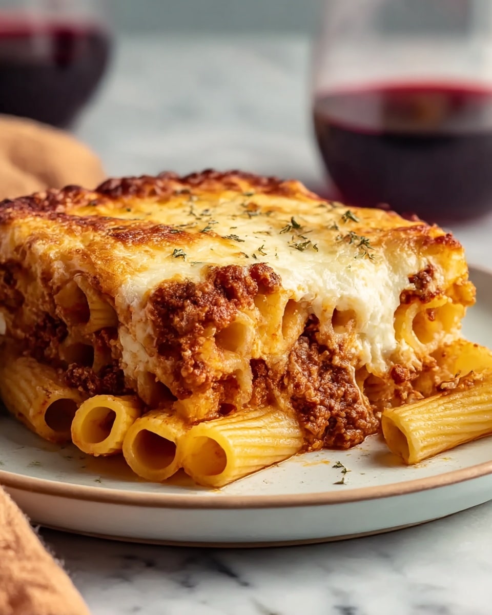 A close-up view of a baked pasta dish showing three visible layers: the bottom layer is rigatoni pasta with a reddish meat sauce, the middle layer has melted cheese mixed with the pasta and sauce, and the top layer is a golden-brown bubbly melted cheese with slightly browned spots and herbs sprinkled on top. The pasta structure is thick and the sauce looks rich and meaty. The dish is served on a white plate with a slight rim, placed on a white marbled textured surface with a blurred glass of dark red wine in the background. A woman's hand is partially visible in the bottom right corner holding a cloth. photo taken with an iphone --ar 4:5 --v 7