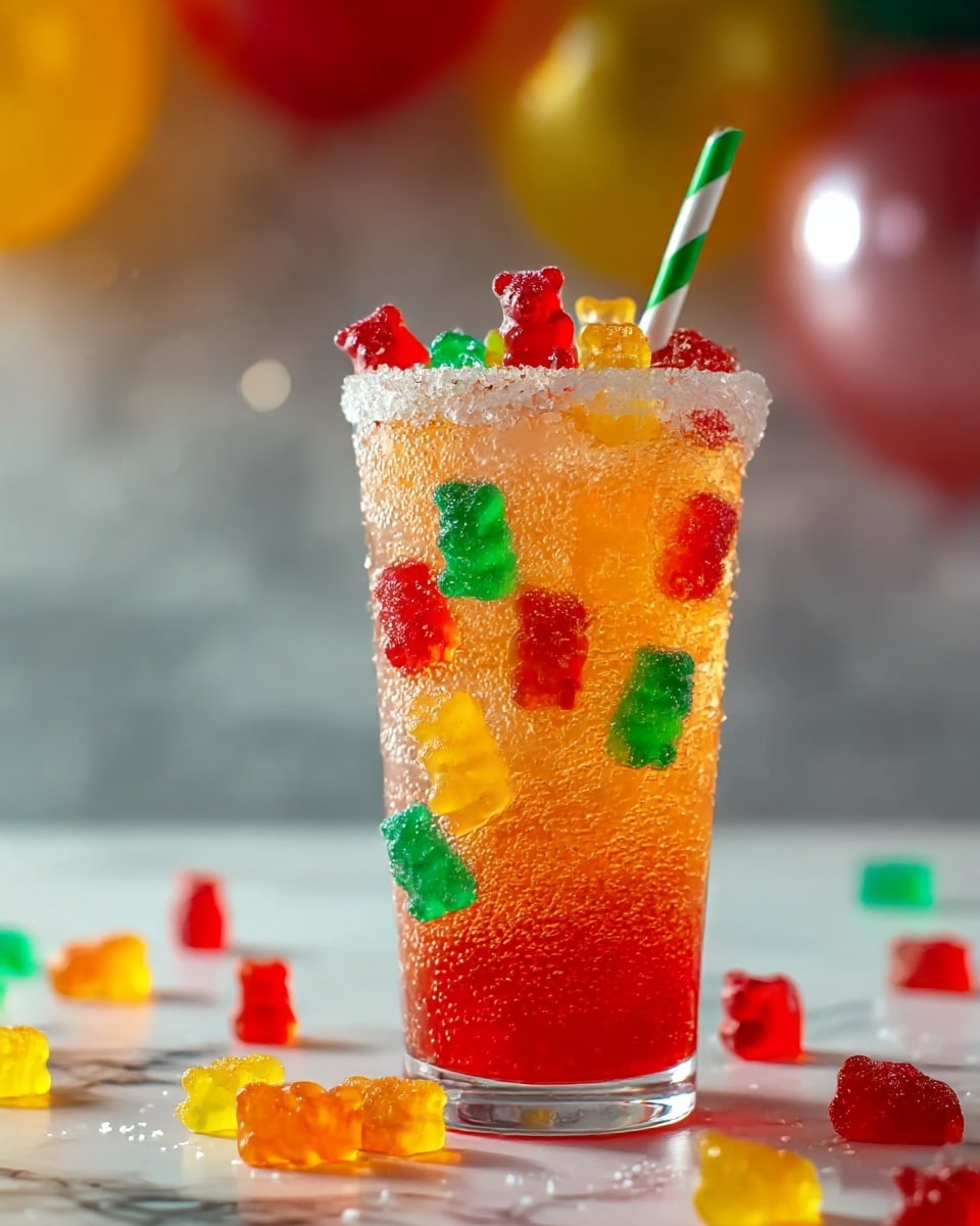 A clear tall glass filled with a fizzy orange-red drink, showing many colorful gummy bears inside and on top. The drink has a layer of red liquid settled at the bottom, followed by a bubbly orange layer with gummy bears in red, yellow, green, and orange colors placed throughout, giving a playful look. The rim of the glass is coated with sugar crystals, and a white straw with green and red stripes sticks out from the top. Around the base of the glass, more gummy bears are scattered on a white marbled surface, with blurry festive balloons in the background. Photo taken with an iphone --ar 4:5 --v 7