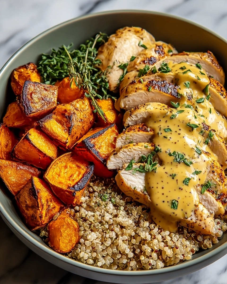 In a white bowl, there is a three-layer meal starting at the bottom with a bed of small, round, yellowish quinoa grains. On the left side, there are large chunks of roasted orange sweet potato with dark grill marks and a slightly crispy texture. To the right, there are slices of grilled chicken breast with a golden brown and slightly blackened char surface, topped with a thick light brown sauce that glistens and fresh green herbs. All ingredients rest on a clean white marbled surface. photo taken with an iphone --ar 4:5 --v 7
