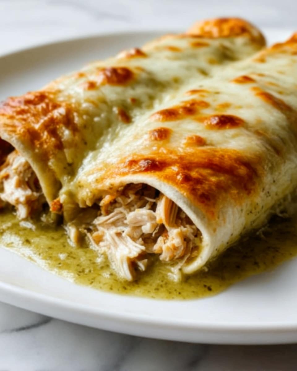 The image shows two rolled enchiladas placed side by side on a white plate, resting on a white marbled surface. Each enchilada has multiple visible layers: shredded chicken filling inside with a soft tortilla wrap, topped generously with melted cheese that is golden brown and bubbly on one side and creamy white with herbs on the other. A green sauce covers the bottom of the enchiladas, creating a moist base. The textures vary from soft chicken and tortilla to creamy and slightly crispy cheese on top. Photo taken with an iphone --ar 4:5 --v 7