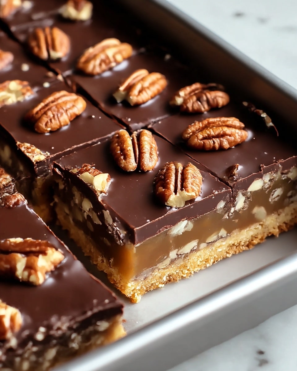 A close-up of a rectangular dessert bar in a silver baking tray, showing three visible layers: the bottom layer is a crumbly light brown crust, the middle layer is a thick, glossy caramel with bits of pecans mixed in, and the top layer is a smooth, shiny dark chocolate ganache decorated with whole pecan halves evenly placed across the surface. The edges of the bars are cleanly cut, exposing the distinct layers clearly. The background is a white marbled texture. photo taken with an iphone --ar 4:5 --v 7
