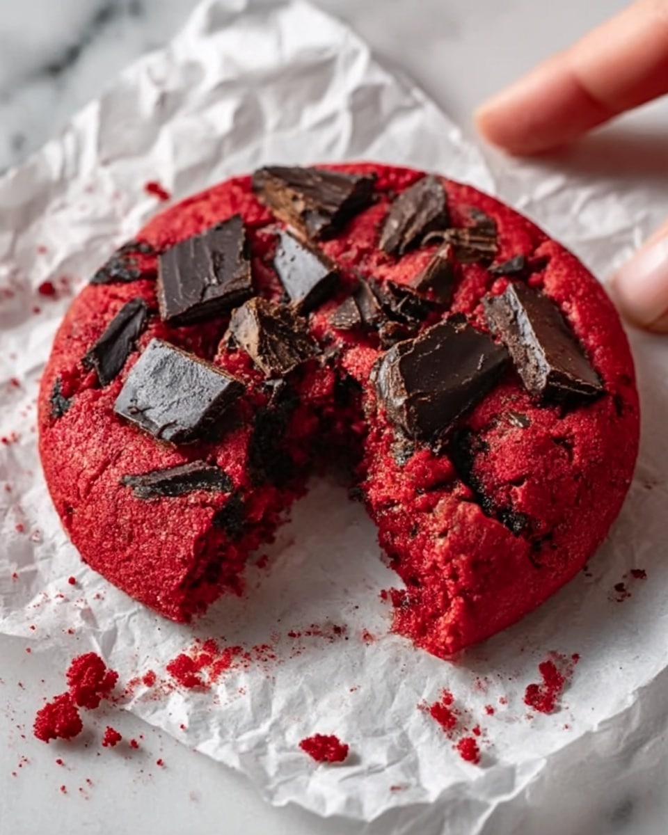 A close-up photo of a thick red cookie with large, melted dark chocolate chunks spread unevenly on the top. The cookie's bright red dough is soft and slightly crumbly, with one bite taken out showing the moist inside. It sits on crumpled white parchment paper over a white marbled surface, with some cookie crumbs scattered around. A woman's hand lightly holds the cookie from below, showing the texture and thickness clearly. Photo taken with an iphone --ar 4:5 --v 7