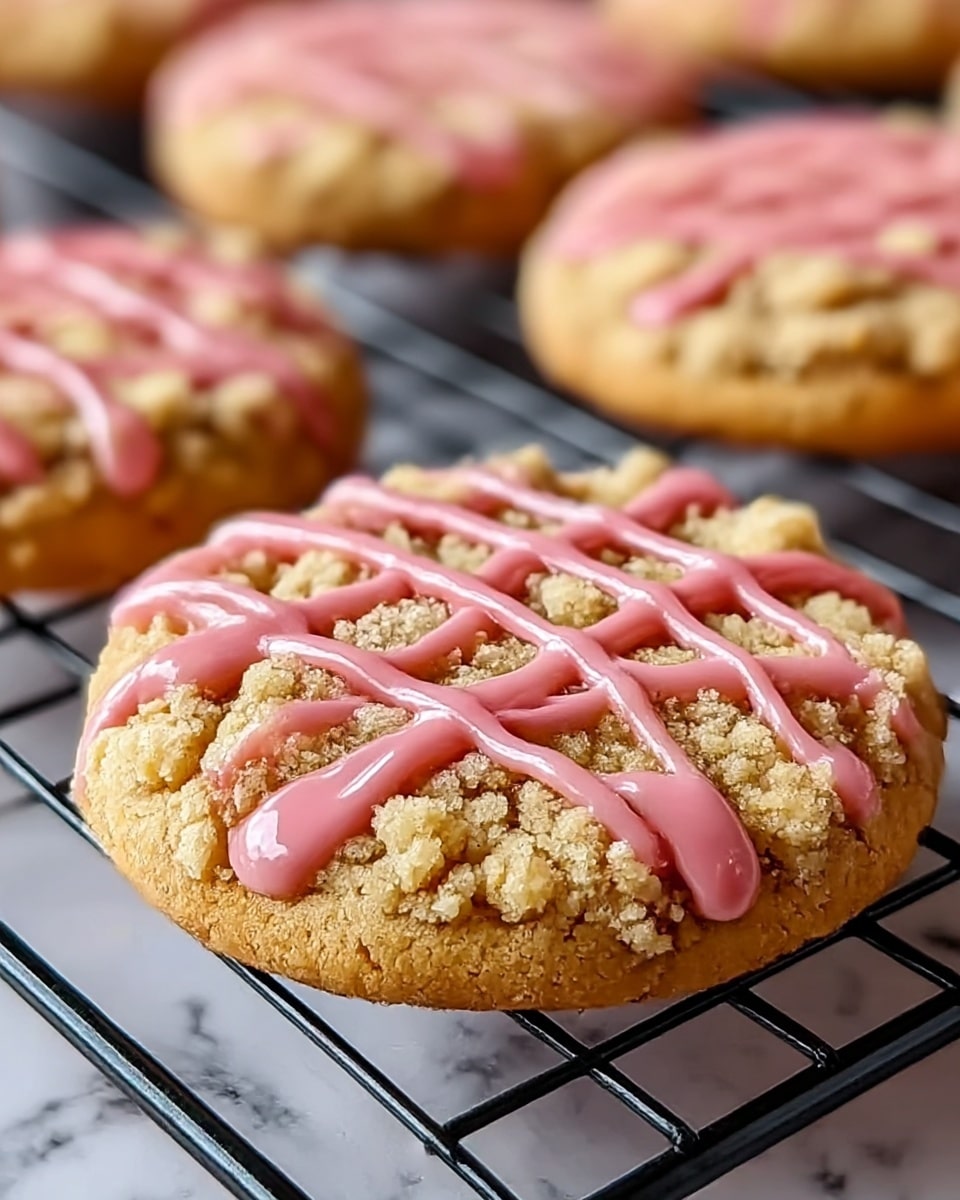 The image shows a round cookie with a crumbly, beige streusel topping that covers the whole surface, giving it a rough texture. On top of the crumbs, there are thick, wavy lines of shiny pink icing drizzled in parallel across the cookie. The cookie is placed on a black cooling rack against a white marbled background. More cookies with the same layers are blurred in the background. photo taken with an iphone --ar 4:5 --v 7