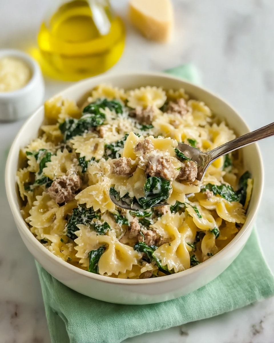 The image shows a bowl of creamy pasta with three main layers visible: at the bottom, there is a bed of light yellow bow-tie pasta with a smooth texture, mixed with dark green spinach leaves scattered throughout. On top of the pasta, small pieces of brown ground meat are spread evenly. The pasta and meat are coated with a light cream sauce that has a slightly glossy texture, sprinkled with grated white cheese and black pepper. A silver fork held by a woman's hand lifts a portion of the pasta, meat, and spinach, showing the mix clearly up close. The bowl is white, placed on a soft green cloth on a white marbled surface. In the background, a small white bowl with grated cheese and a glass bottle of olive oil can be seen, slightly out of focus. photo taken with an iphone --ar 4:5 --v 7