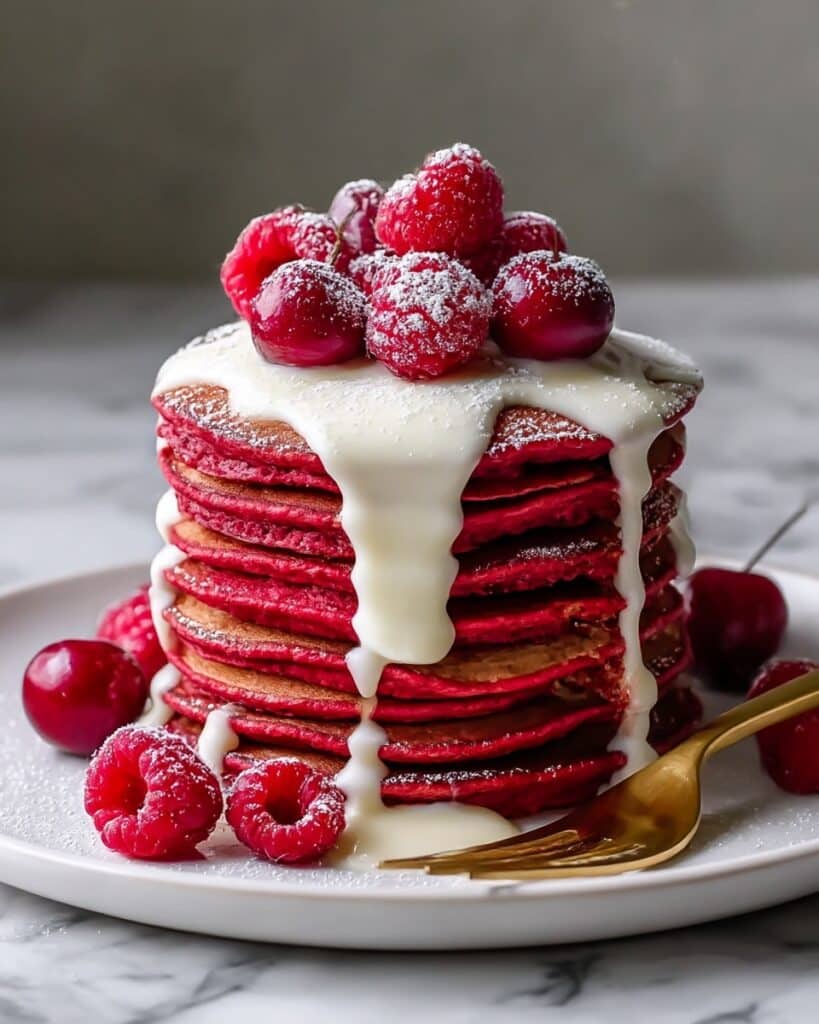 Fluffy Red Velvet Pancakes with Cream Cheese Glaze Recipe