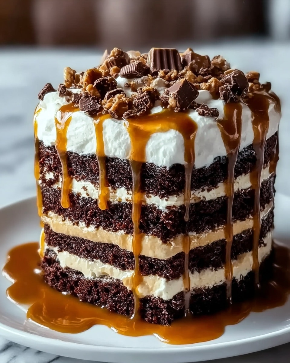 A tall three-layer chocolate cake with dark, moist cake layers alternating with creamy light brown caramel filling. The top layer is covered with thick white whipped cream, drizzled with shiny caramel syrup that flows down the sides. On top, there are small crunchy bits and chocolate pieces scattered over the whipped cream. The cake sits on a white plate with some caramel syrup pooling around the base, all placed on a white marbled surface. photo taken with an iphone --ar 4:5 --v 7
