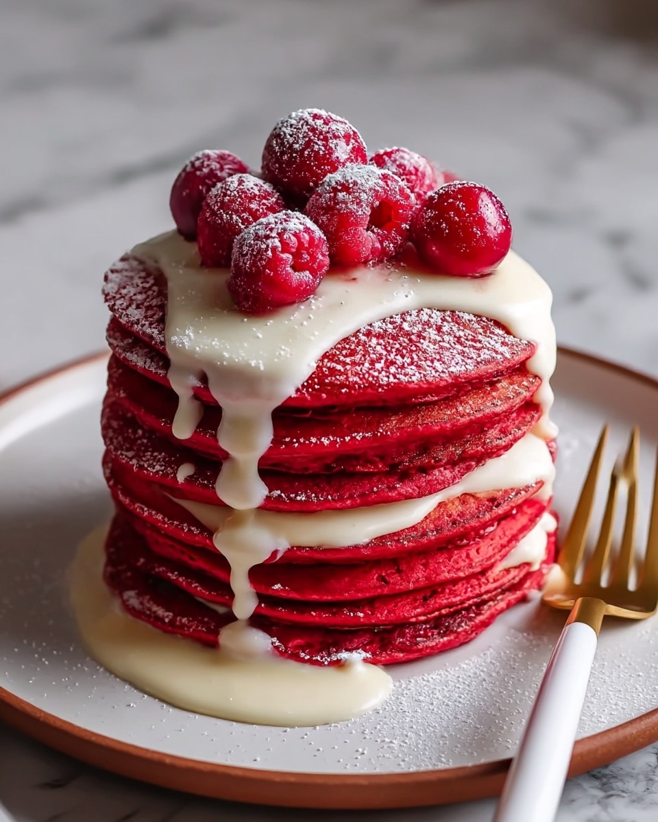 A stack of six red pancakes with a slightly porous texture is layered neatly on a white plate with a brown rim, set on a white marbled surface. Between each bright red pancake layer, there is a thin spread of pale creamy sauce dripping slightly down the sides. The top pancake is covered with a thick white cream sauce, pooling and flowing down the sides, topped with several fresh, plump red raspberries and cherries dusted lightly with powdered sugar. More powdered sugar is gently sprinkled across the pancakes and plate. A gold fork with a white handle rests beside the stack on the plate. Photo taken with an iphone --ar 4:5 --v 7