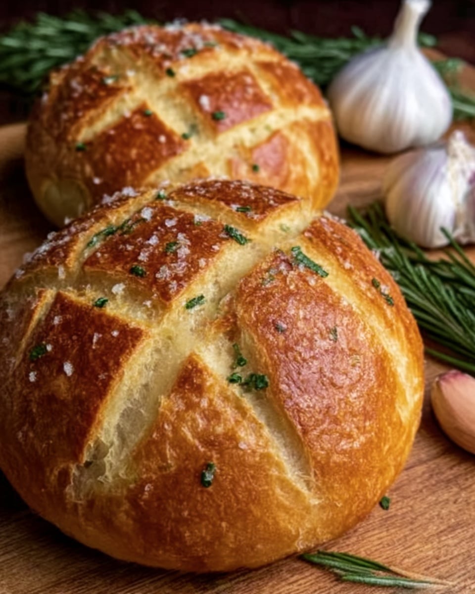 The image shows two round, golden-brown bread rolls with a crispy crust sprinkled with coarse salt and green herbs on top. The bread's surface has a shiny texture with some darker baked spots and light scoring patterns. Behind the bread, there are some garlic bulbs and sprigs of fresh rosemary, all placed on a white marbled surface. photo taken with an iphone --ar 4:5 --v 7