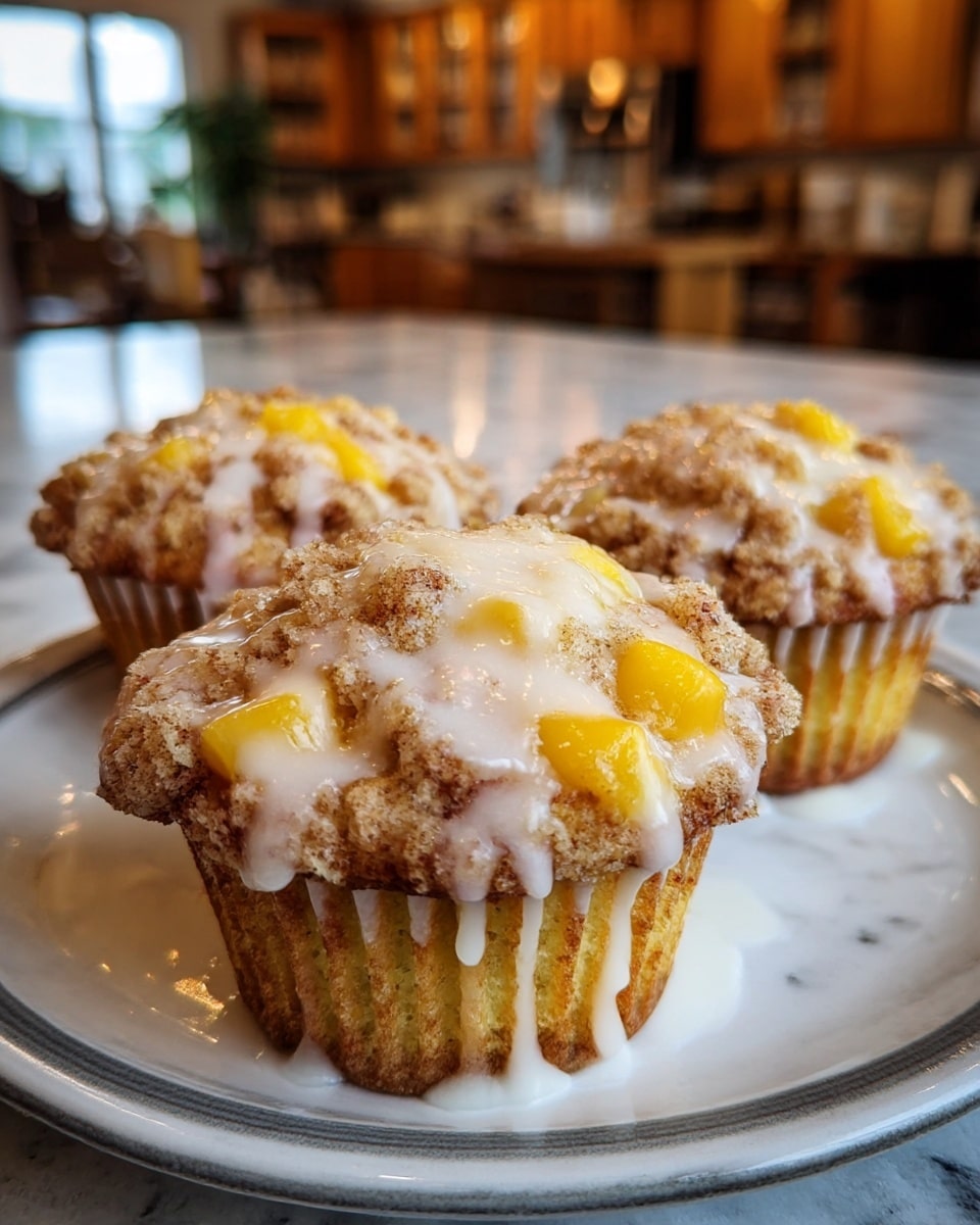 Three muffins sit on a white plate with a subtle brown rim, placed on a white marbled texture surface. Each muffin has a bottom layer of a light golden cake base, topped with a crumbly brown streusel layer mixed with visible small chunks of yellow fruit, likely peach. The muffins are drizzled with a glossy white glaze that pools slightly on the plate and drips down the sides, adding shine and a wet texture contrast to the crumbly top. The background is softly blurred kitchen scenery with warm lighting. photo taken with an iphone --ar 4:5 --v 7