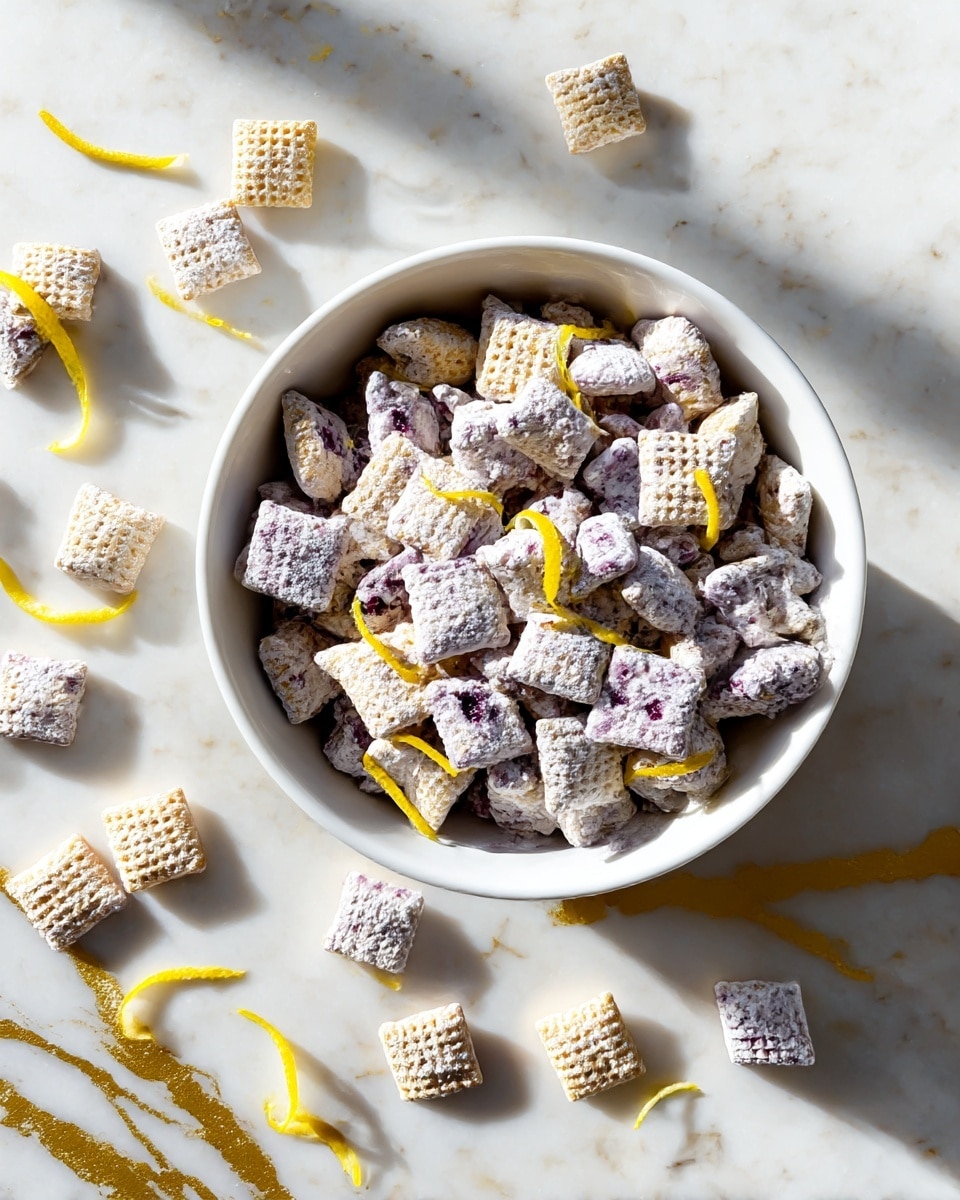 A white bowl filled with a mix of square cereal pieces, some with a grid texture in a light beige color and others covered in white powdered sugar with purple-blue berry spots. Thin yellow zest strips are scattered throughout the cereal. A few cereal pieces are also lying outside the bowl on a white marbled surface with gold accents. The overall look is bright and fresh with a mix of smooth powdered texture and crunchy grid patterns. Photo taken with an iphone --ar 4:5 --v 7