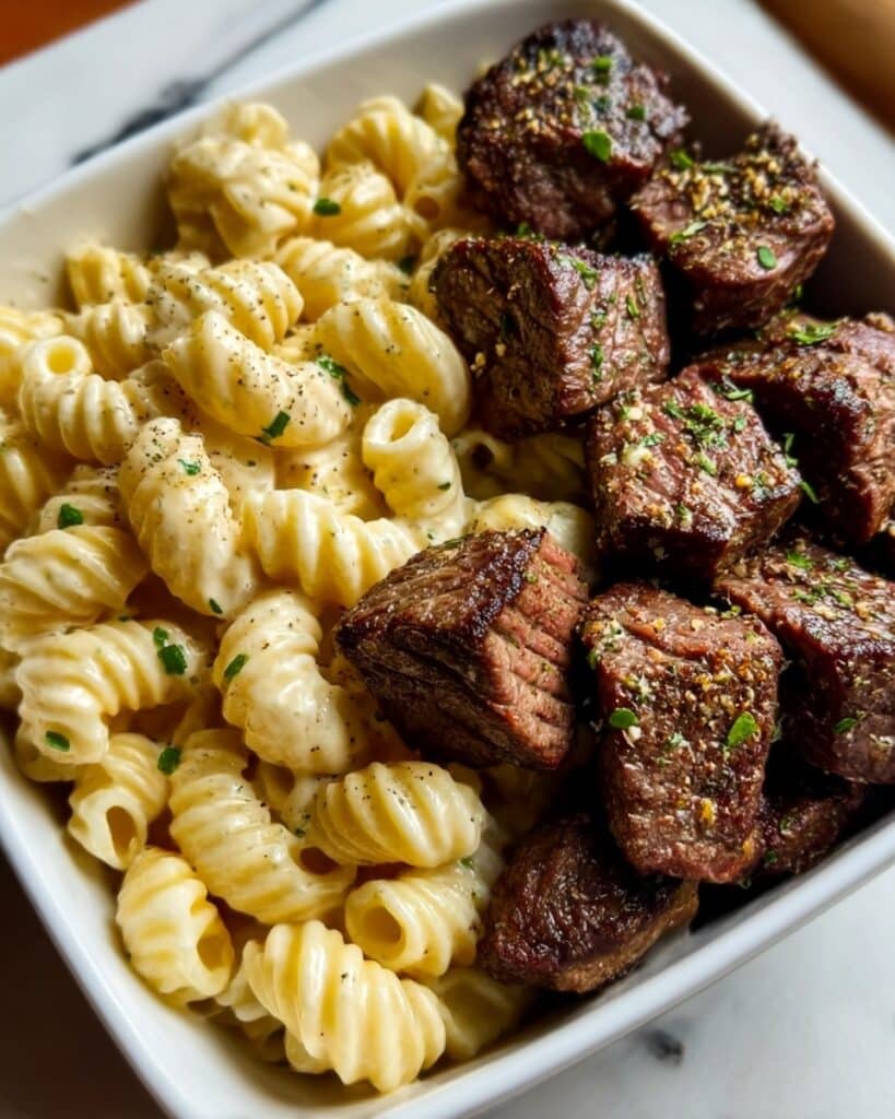 Steak Bites and Shell Pasta in Garlic Butter Alfredo Sauce Recipe