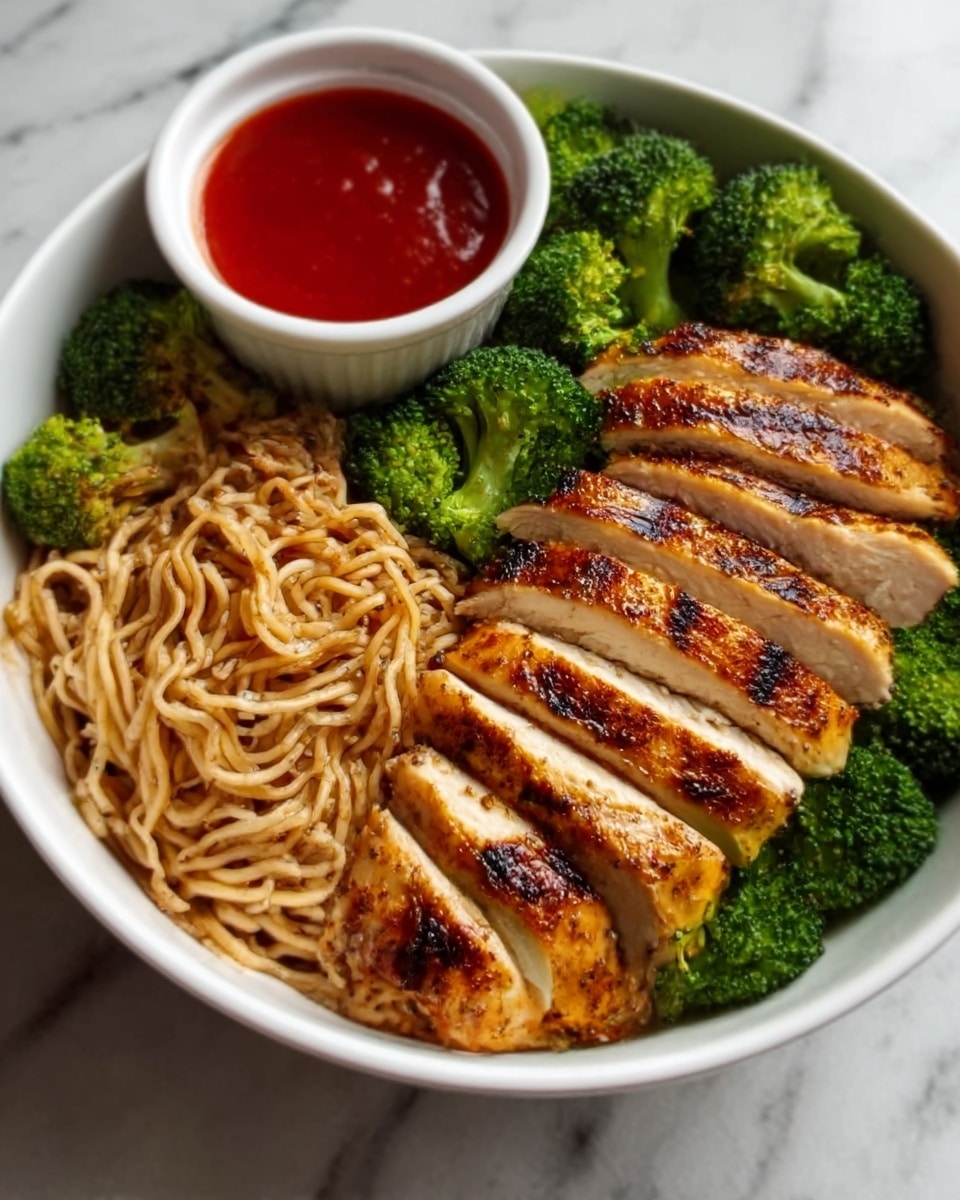 A white bowl sits on a white marbled surface, filled with three main parts. On one side, there are green broccoli florets that look soft and fresh. Next to the broccoli, light brown noodles with a slightly curly texture fill almost half of the bowl. On the other side, golden brown chicken breast slices with a charred, crispy skin are neatly placed. A small white cup with red sauce is set inside the bowl, halfway between the broccoli and chicken. The colors and textures make the dish look warm and inviting. photo taken with an iphone --ar 4:5 --v 7