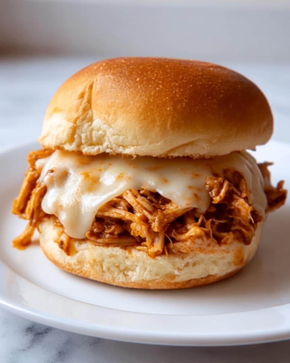 A close-up image of a pulled chicken sandwich with two layers of soft, light brown sandwich bun. The bottom bun holds a thick layer of shredded chicken mixed with a rich, reddish-brown sauce, topped with a melted layer of white cheese that looks gooey and creamy. The top bun rests lightly on the cheese, slightly pressing down the filling. The sandwich is placed on a white marbled surface near a window, with soft natural light highlighting the textures of the bun and melted cheese. Photo taken with an iphone --ar 4:5 --v 7