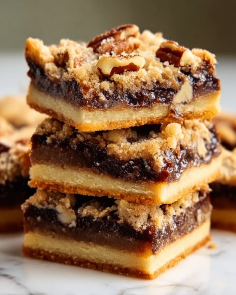 A close-up of three stacked pecan pie bars on a white marbled surface. Each bar has three visible layers: the bottom layer is a light golden, slightly crumbly crust; the middle layer is dark brown with a gooey texture, filled with melted chocolate bits; the top layer is a golden-brown pecan topping with whole and halved pecans offering a glossy and crunchy look. The bars are square and thick, showing the rich mix of chocolate and nuts clearly. photo taken with an iphone --ar 4:5 --v 7