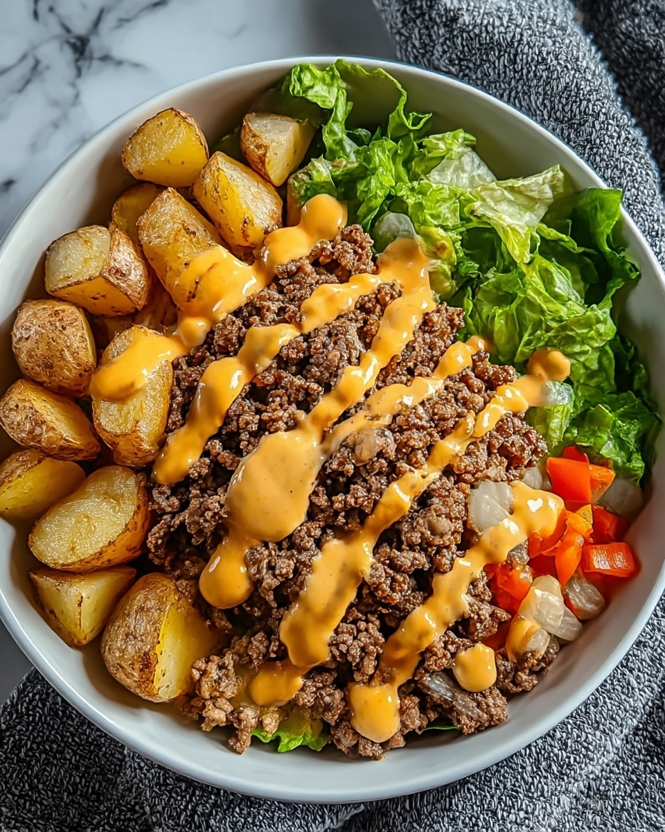 A white bowl holds a layered dish starting with fresh green leafy lettuce at the bottom left edge, followed by light golden roasted potato chunks with slightly browned skin placed beside the lettuce. Above these, there is a thick layer of cooked ground beef mixed with small pieces of sautéed onions and orange bell pepper. The dish is topped with two sauces drizzled in thin zigzag lines, one creamy light beige and the other bright orange, covering the meat and onions. The bowl is set on a white marbled surface with a textured blue-gray cloth nearby. Photo taken with an iphone --ar 4:5 --v 7