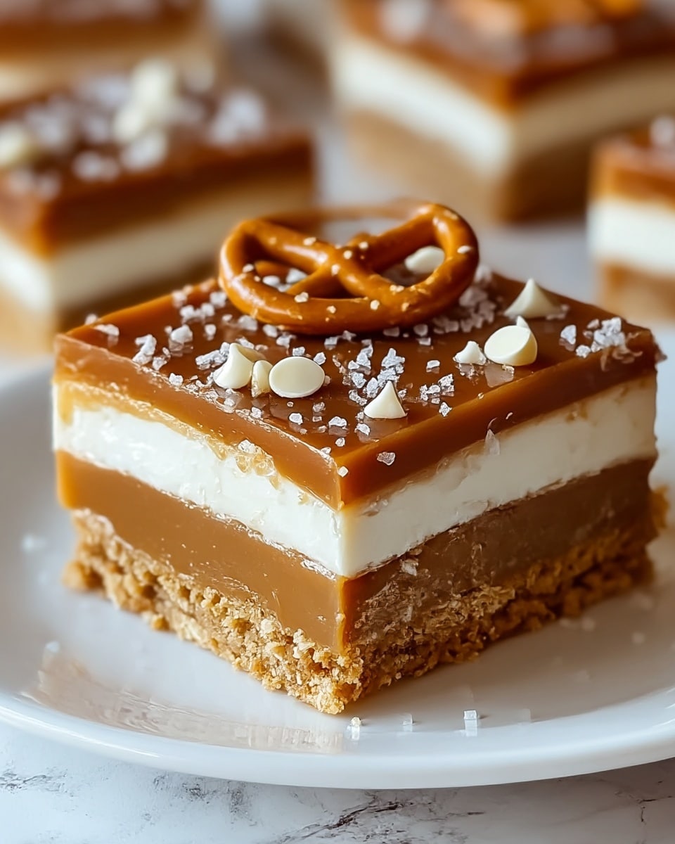 A close-up of a square dessert bar with three clear layers shows a bottom crust that is golden brown and crumbly, a thick middle layer of smooth caramel with a creamy off-white layer inside, and a top layer of shiny caramel topped with coarse white salt crystals, small off-white nut pieces, and a small round pretzel. The bar sits on a white plate with a white marbled texture in the background. Photo taken with an iphone --ar 4:5 --v 7