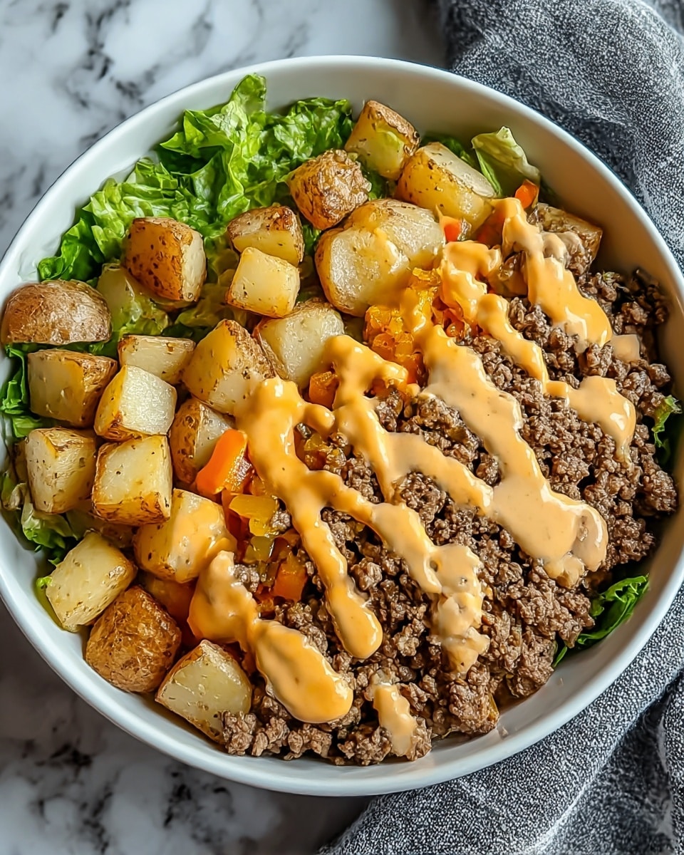A white bowl filled with a base layer of chopped fresh green lettuce at the bottom left corner, next to a layer of roasted potato chunks with golden skins and light yellow interiors, positioned on the left and bottom edges. The top half and center are filled with crumbly cooked ground beef mixed with soft, translucent diced onions and small bits of orange carrot. The dish is topped with a double drizzle of two sauces: an orange creamy sauce and a beige creamy sauce, spread unevenly over the meat and onions, creating a rich, colorful finish. The bowl sits on a white marbled surface with a gray cloth partially visible. Photo taken with an iphone --ar 4:5 --v 7