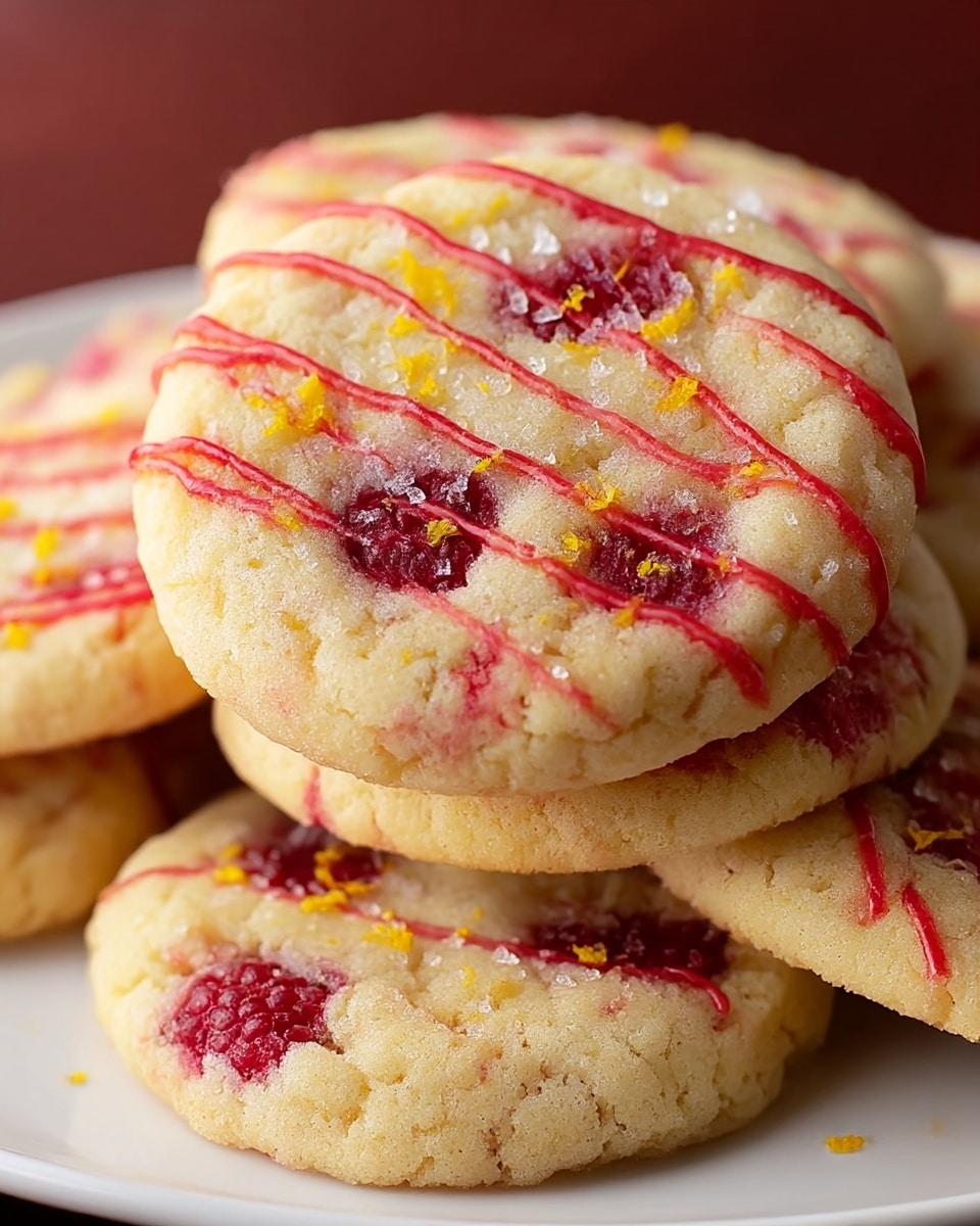 A stack of soft, round cookies sits on a white plate, each cookie showing a pale golden base with a slightly cracked, buttery texture. Bright red raspberry pieces are embedded throughout the cookies and a drizzle of shiny red glaze runs diagonally across the top cookie. There are tiny specks of yellow zest scattered on the cookies, adding a pop of color, along with a sprinkle of coarse sugar crystals that catch the light. The white plate rests on a white marbled surface, creating a clean and simple background that highlights the cookies' warm tones. Photo taken with an iphone --ar 4:5 --v 7