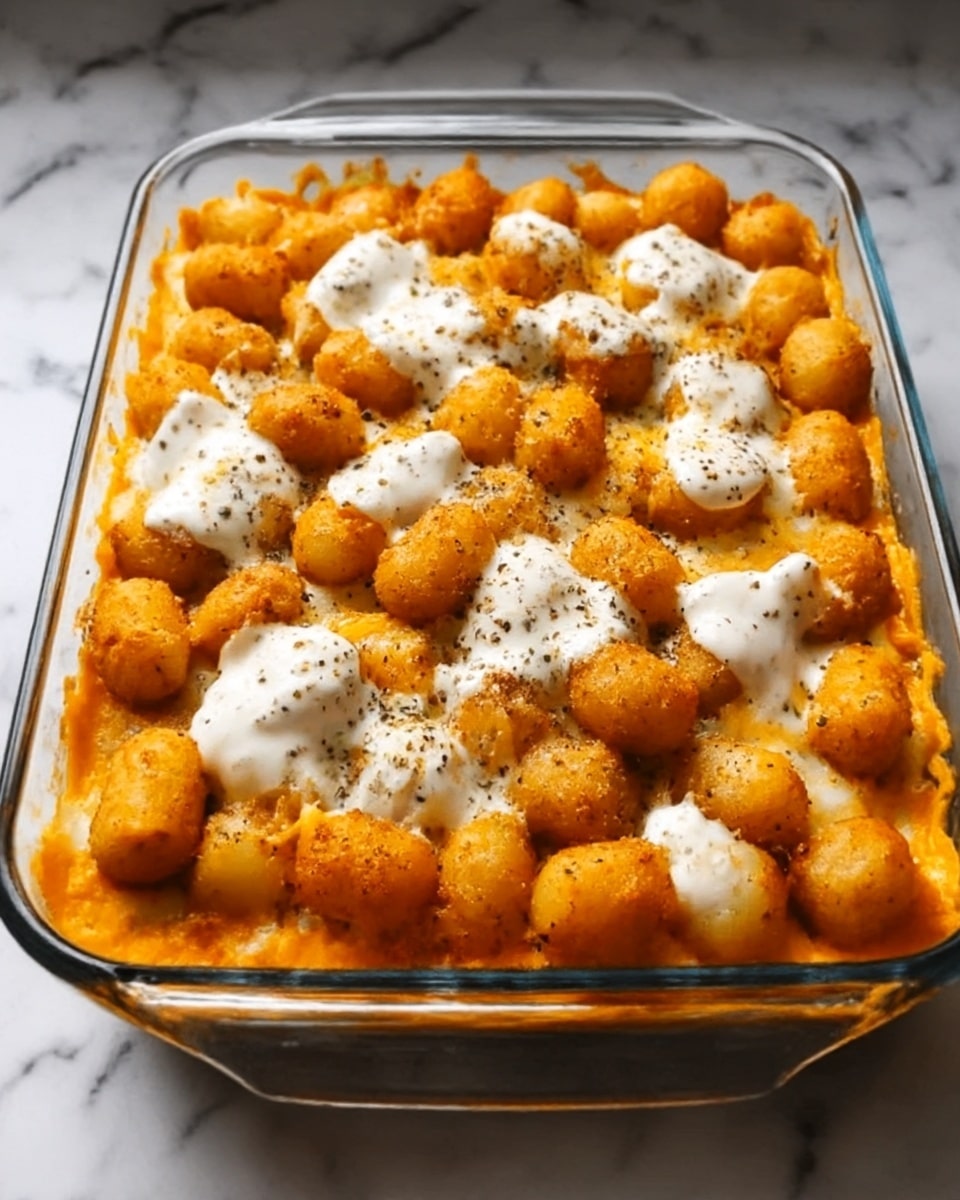 A clear glass square dish holds a baked casserole with two visible layers. The bottom layer is a thick, orange-colored mixture that looks creamy and smooth. On top, there is a layer of round, golden-brown tater tots, evenly spread to cover the entire dish. Small dollops of white sauce are scattered over the tater tots, with some black pepper sprinkled on top. The dish sits on a white marbled surface. photo taken with an iphone --ar 4:5 --v 7