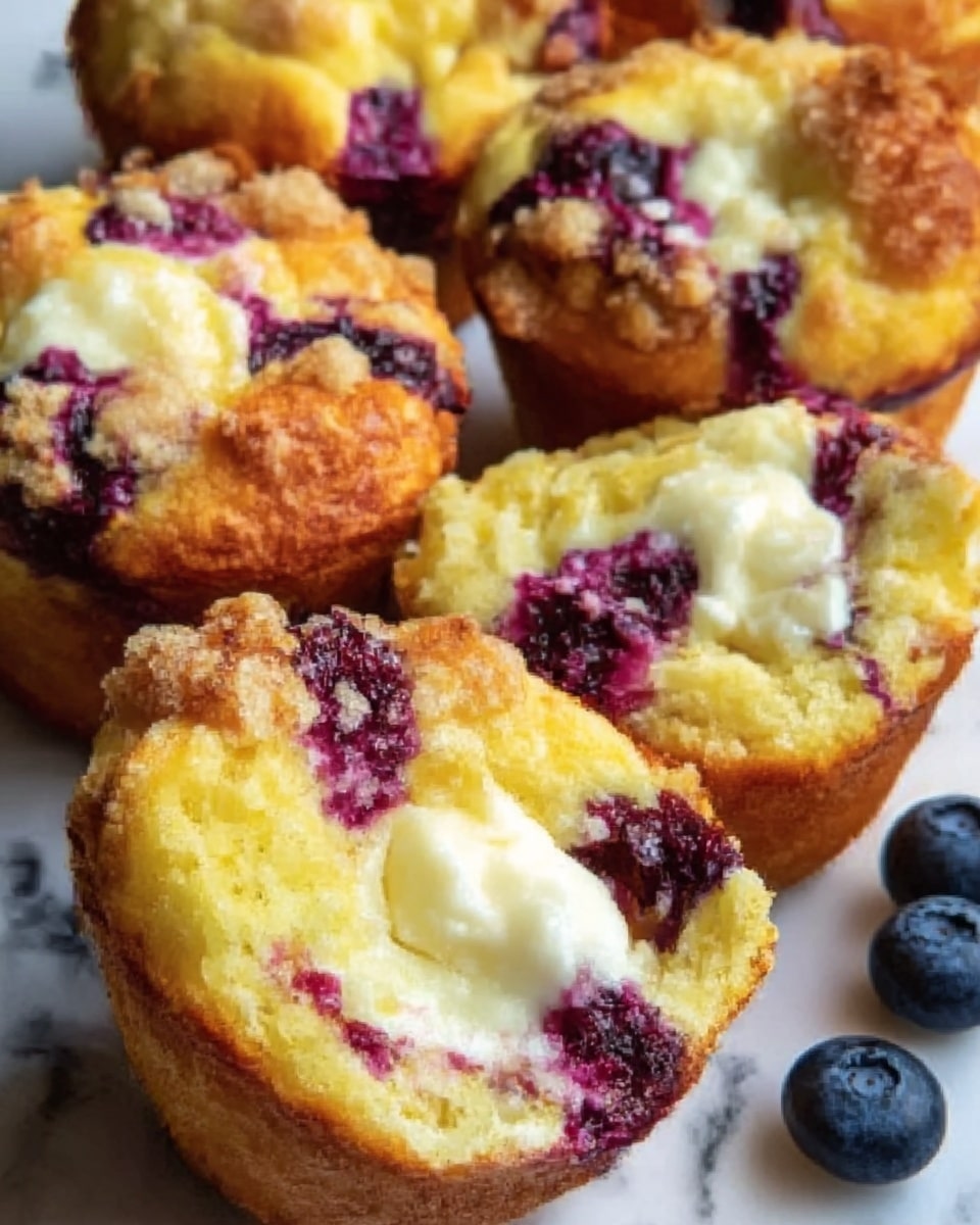 The image shows a close-up of several freshly baked muffins arranged on a white marbled surface. The muffins have a golden brown crumbly top with a rough texture that looks crunchy. One muffin in the front is broken open, revealing its soft, fluffy yellow interior filled with creamy white cheese and dark purple blueberries with juice stains inside. The blueberries add vibrant pops of dark purple and red colors inside the muffin. There is a single bright blueberry placed next to the open muffin. The whole composition gives a fresh, homemade look with warm and cool color contrasts. Photo taken with an iphone --ar 4:5 --v 7