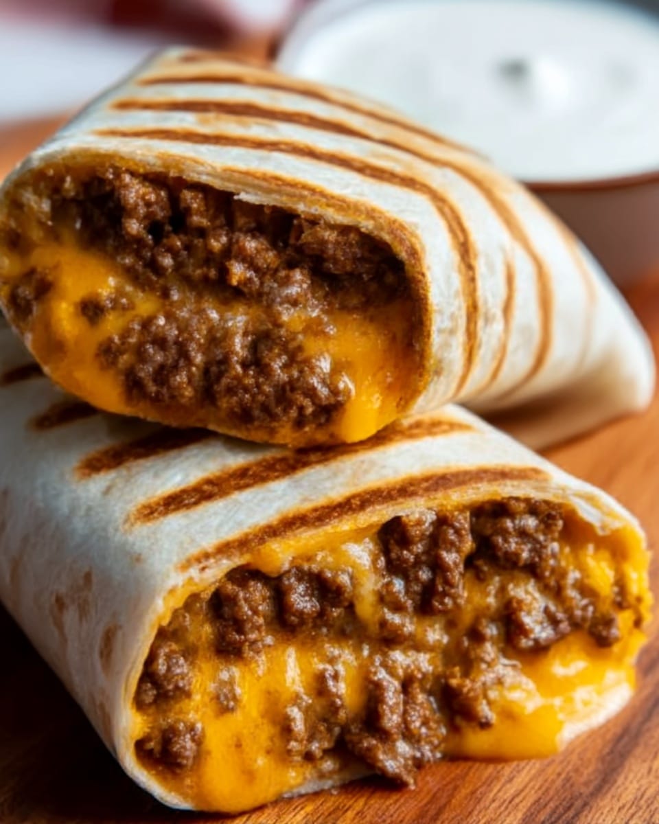 The image shows a close-up of a grilled burrito cut in half and stacked, revealing layers inside. The outer layer is a lightly toasted white tortilla with dark grill marks. Inside, there is a thick layer of melted orange cheese mixed with a rich brown ground beef filling. The cheese is gooey and slightly oozes out from the middle of the burrito. In the background, there is a blurred white bowl of sauce on a white marbled surface. A woman's hand is reaching toward the burrito, ready to pick it up. Photo taken with an iphone --ar 4:5 --v 7