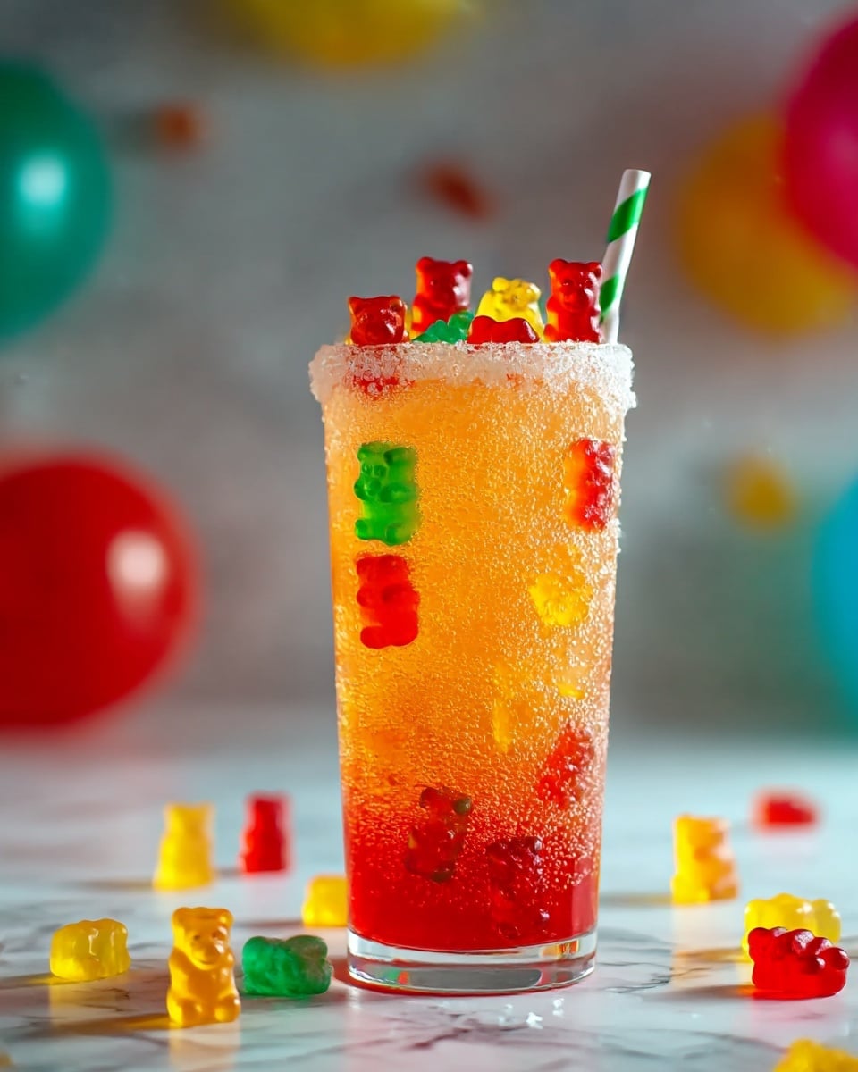 A tall clear glass filled with a fizzy orange-colored drink with sparkling bubbles all over. Inside the drink and around the top edge of the glass, there are colorful gummy bears in red, yellow, green, and orange, some floating and some slightly stuck to the glass. The glass has a sugar rim around the top and a green and white striped straw on the right side. The background shows more gummy bears scattered on a white marbled surface with blurred colorful balloons in soft focus. Photo taken with an iphone --ar 4:5 --v 7