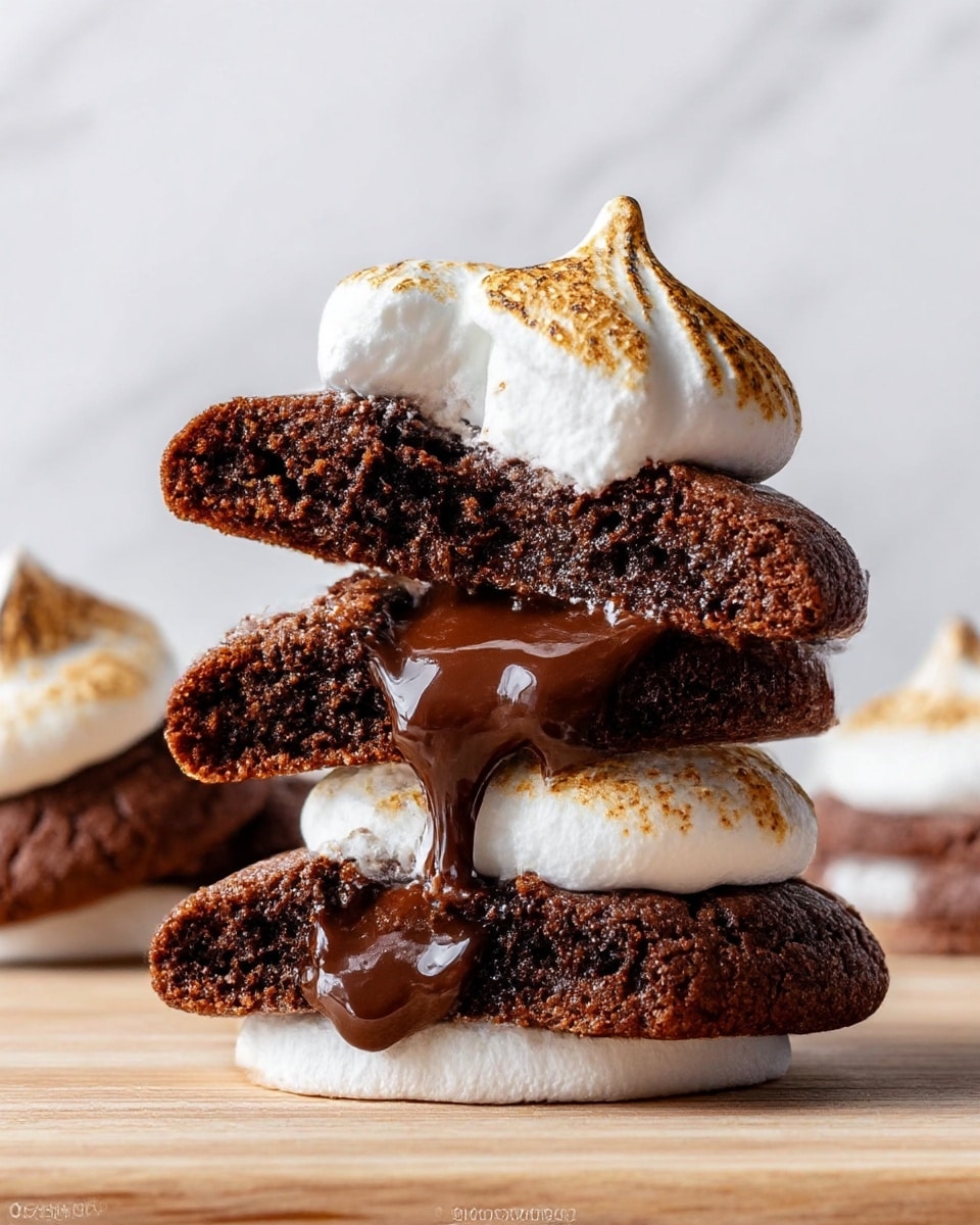 The image shows three stacked pieces of a dark brown chocolate dessert, with a soft and fudgy texture. Each piece has a rich, glossy chocolate filling inside with a smooth, melted appearance. On the top two pieces, there are dollops of white toasted meringue, lightly browned on the peaks. The dessert is set on a wooden surface with more small meringue dollops blurred in the background against a white marbled texture. photo taken with an iphone --ar 4:5 --v 7