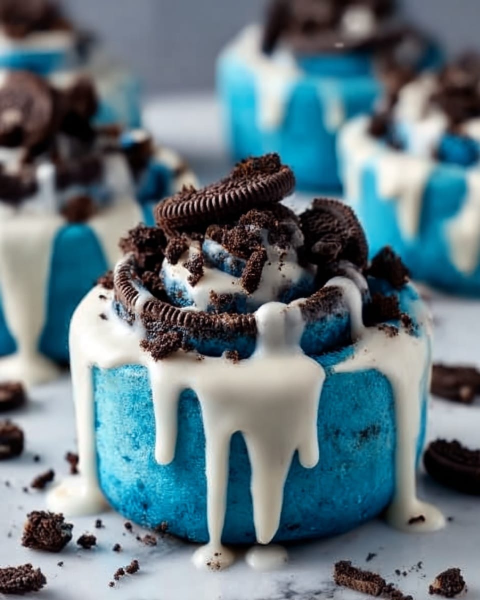 A white plate on a white marbled surface holds a blue cinnamon roll with three visible layers: the base layer is a bright blue dough with dark chocolate chips, the middle layer is a white cream cheese icing dripped smoothly down the sides, and the top layer is sprinkled with small pieces of crushed dark chocolate cookies, adding texture. In the background, more blue cinnamon rolls with the same drizzle and cookie topping are on similar white plates. Photo taken with an iphone --ar 4:5 --v 7