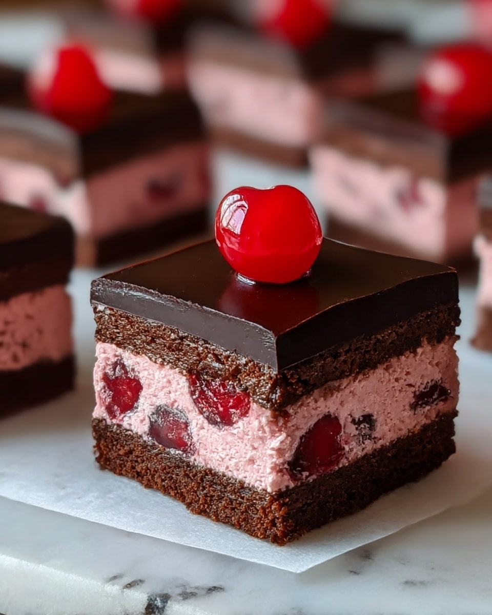 A square piece of dessert showing three layers is displayed on white parchment paper over a white marbled surface. The bottom layer is dark brown and dense, resembling rich chocolate cake. The middle layer is thick, creamy, and pink with visible whole red cherries embedded inside. The top layer is a smooth, shiny dark chocolate glaze topped with a single whole, glossy red cherry in the center. In the background, similar dessert pieces are blurred but show the same layers and toppings. Photo taken with an iphone --ar 4:5 --v 7