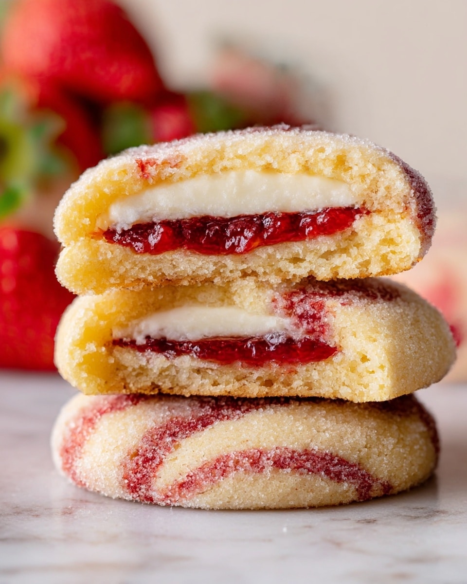 A close-up of a stack of three soft cookies with a sugar-coated, light golden-brown outer dough that has swirls of bright red strawberry flavor throughout. The top cookie is broken in half, showing two distinct inner layers: a creamy white filling in the center surrounded by a rich, red strawberry jam layer, all encased by the thick outer cookie dough. The cookies sit on a white marbled surface, with fresh strawberries and a small white flower beside them, giving a fresh and inviting look. photo taken with an iphone --ar 4:5 --v 7